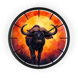 Buffalo Sunrise Wall Clock — Bold African Buffalo Art Clock for Home & Office