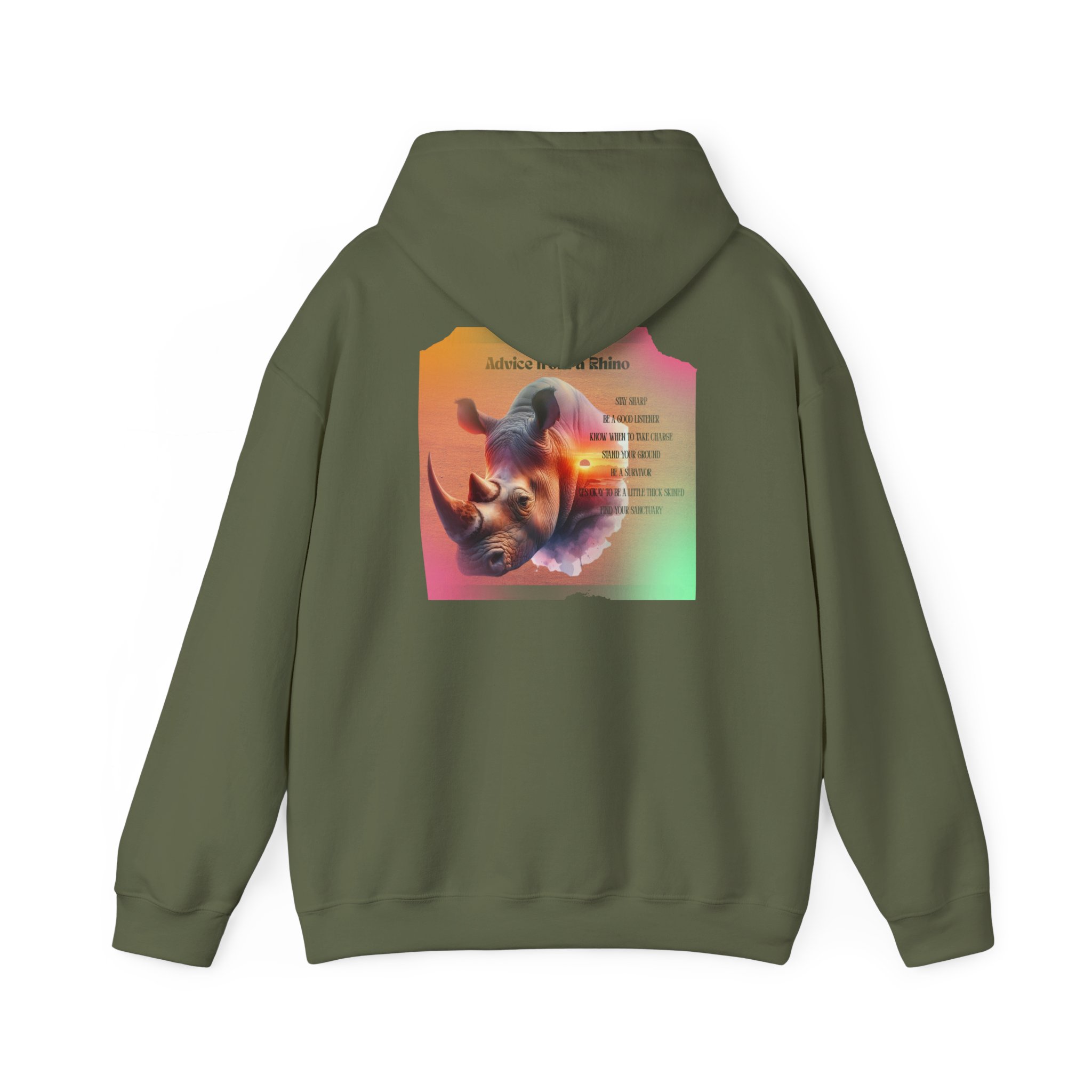 Rhino Poetry Hoodie — Vintage Rainbow Rhino Back Print Sweatshirt - Image 26