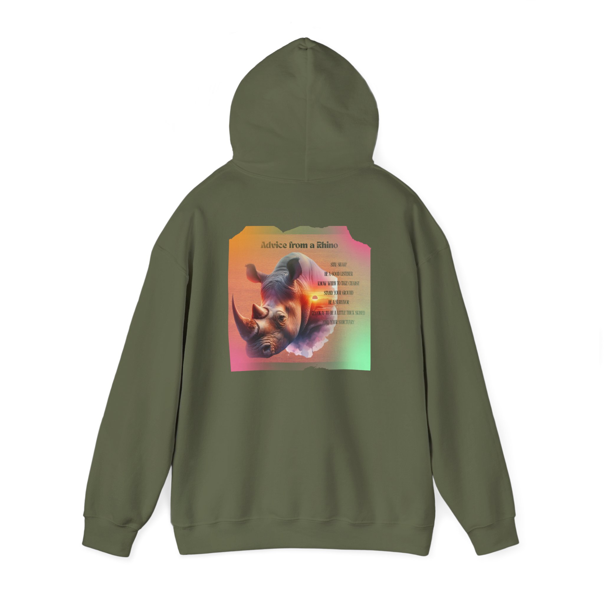 Rhino Poetry Hoodie — Vintage Rainbow Rhino Back Print Sweatshirt - Image 27