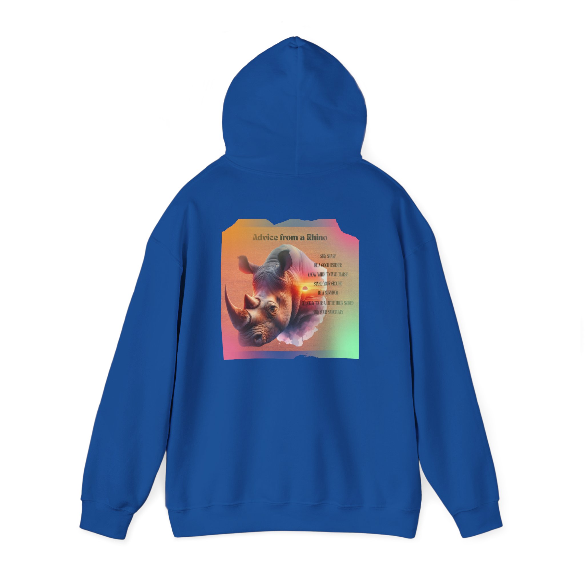 Rhino Poetry Hoodie — Vintage Rainbow Rhino Back Print Sweatshirt - Image 35
