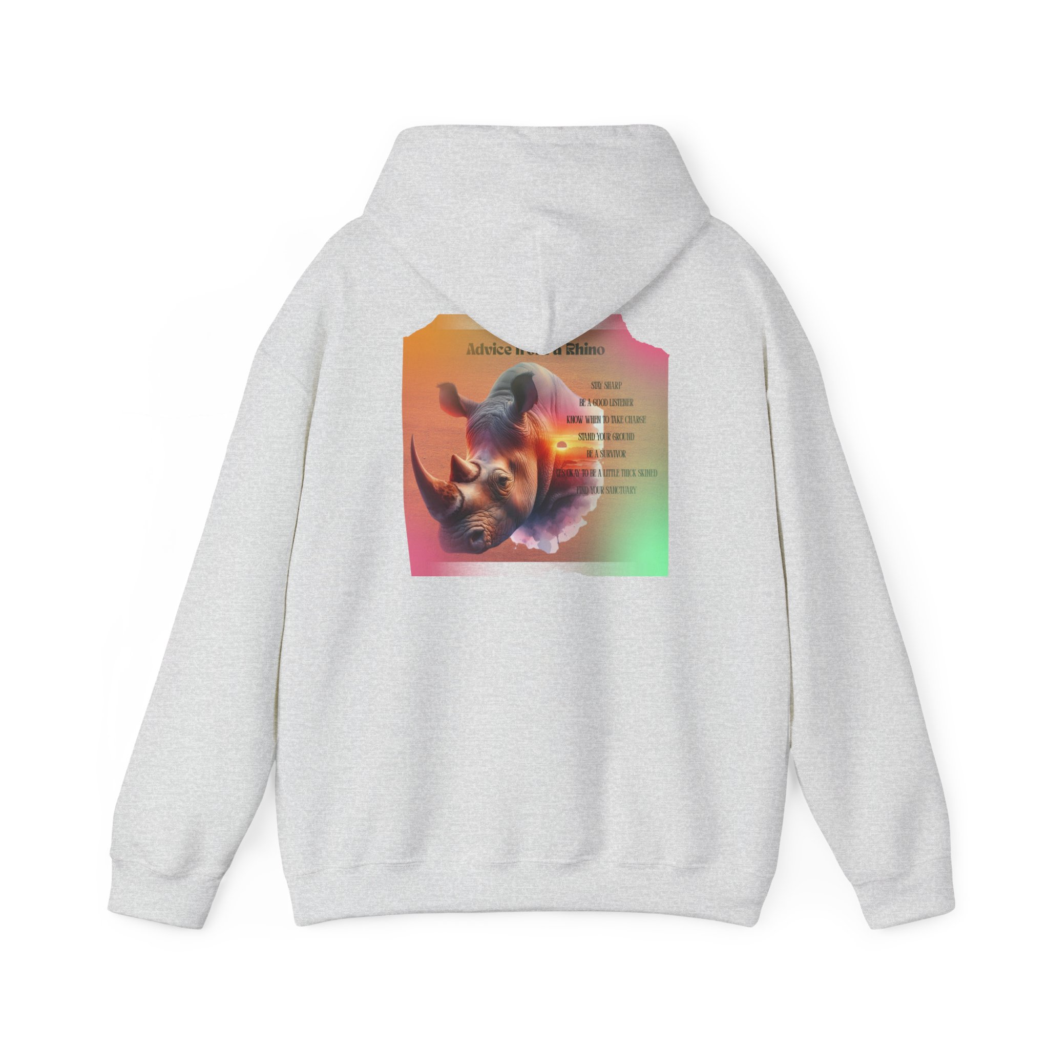 Rhino Poetry Hoodie — Vintage Rainbow Rhino Back Print Sweatshirt - Image 6