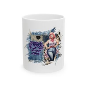Pin-Up Denim Doll Ceramic Mug — "Beauty is Not Defined by the Size of Your Jeans"