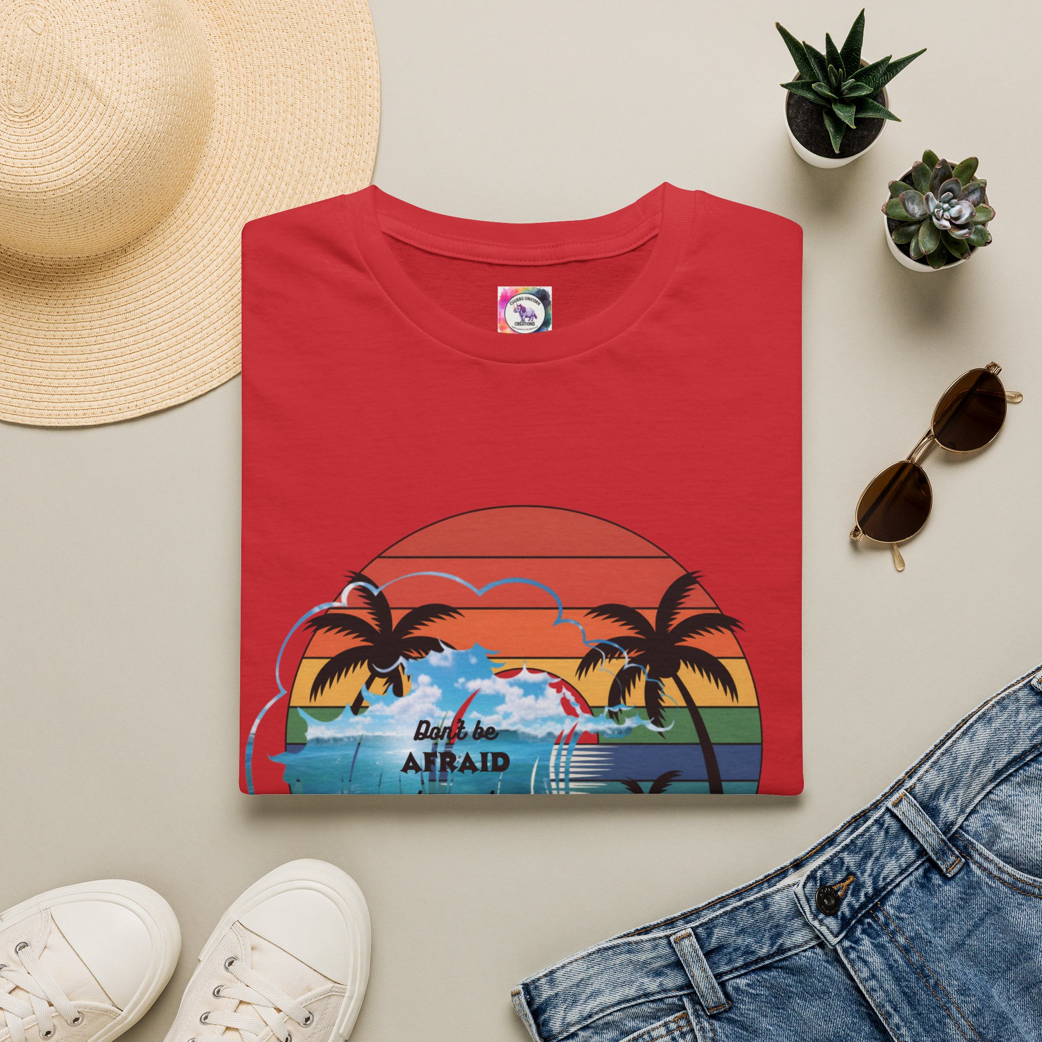 T-Shirt — Retro Sunset Palm Beach Tee with "Don't Be Afraid" Beach Quote - Image 49