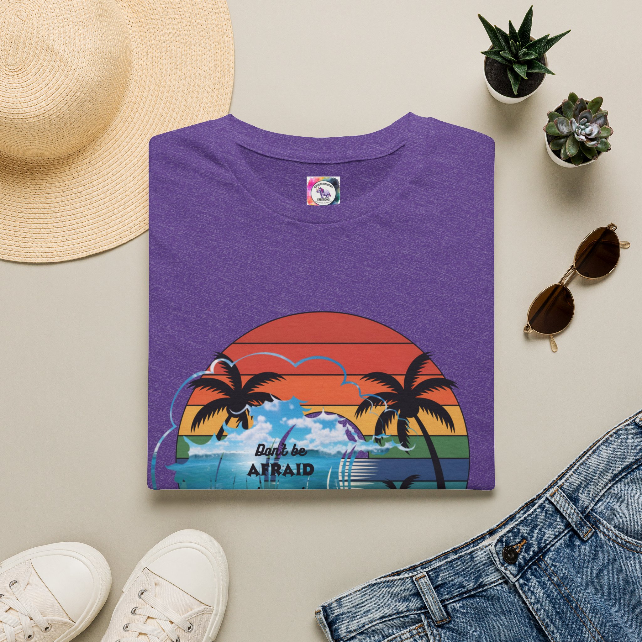 T-Shirt — Retro Sunset Palm Beach Tee with "Don't Be Afraid" Beach Quote - Image 37