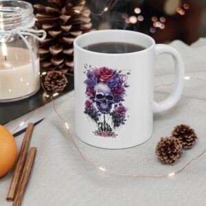 Floral Skeleton Coffee Mug - Unique Drinkware for Halloween, Gifts for Him/Her, Skull Art, Purple Rose Design