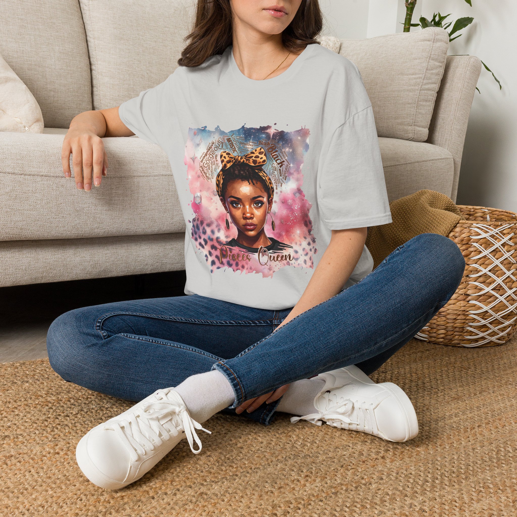 Pisces Queen Portrait T-Shirt — Leopard Headband Watercolor Glam Tee - Image 25