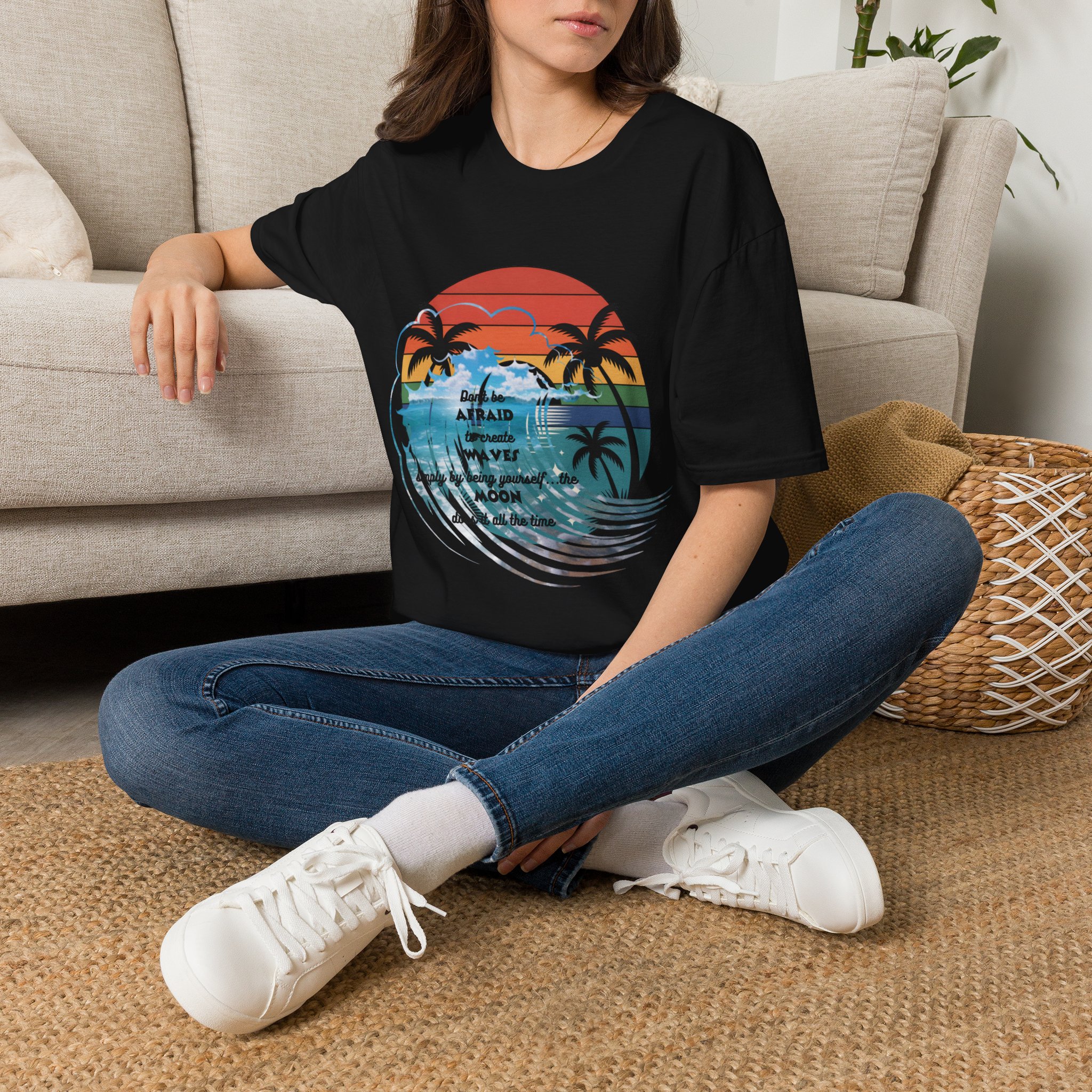 T-Shirt — Retro Sunset Palm Beach Tee with "Don't Be Afraid" Beach Quote - Image 10