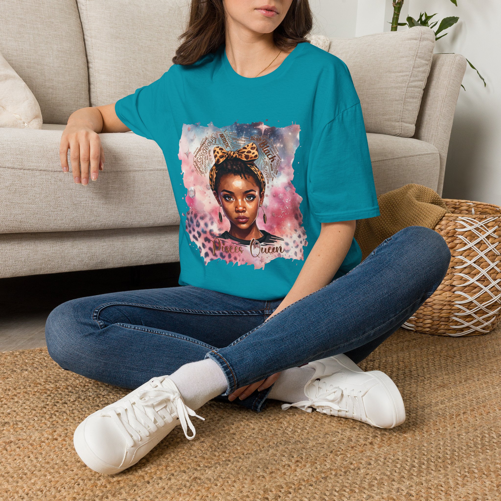 Pisces Queen Portrait T-Shirt — Leopard Headband Watercolor Glam Tee - Image 45