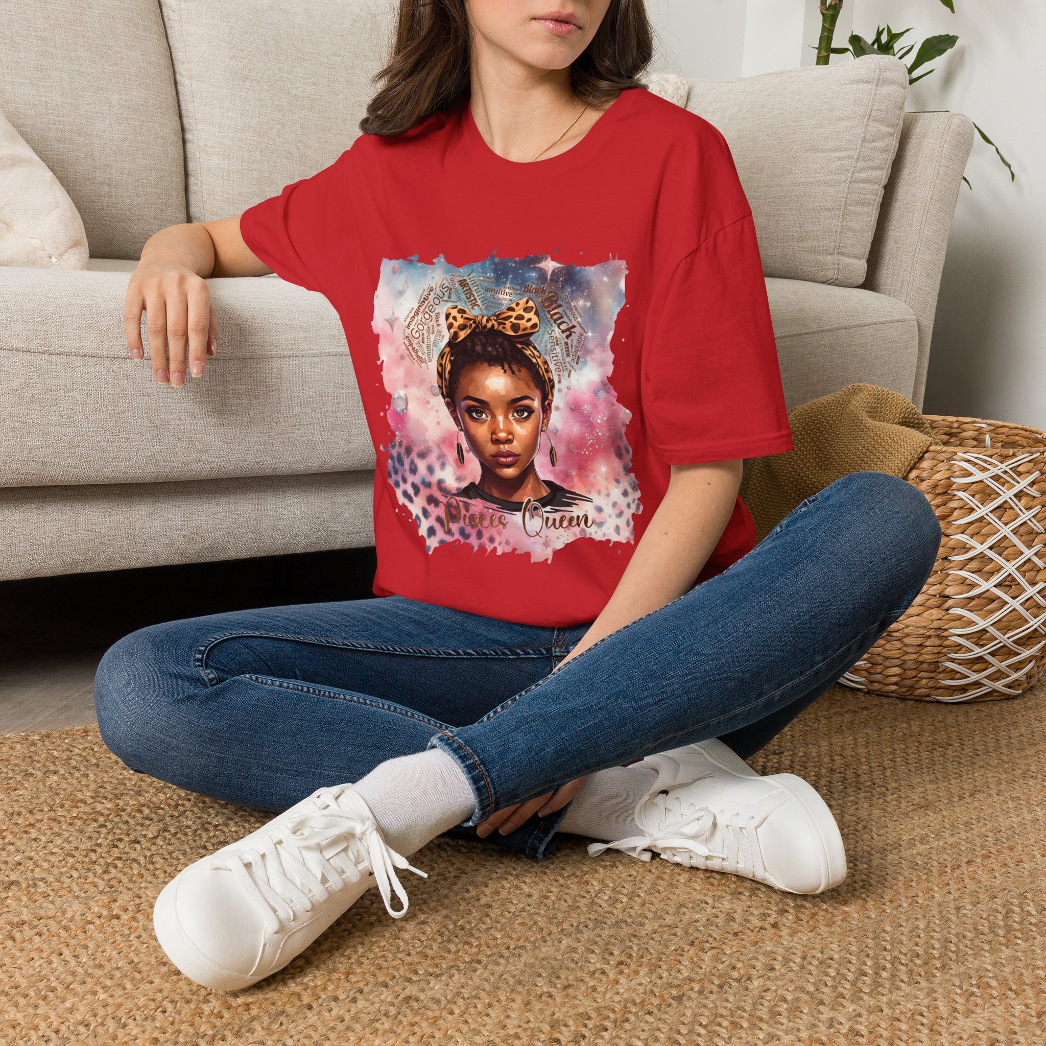 Pisces Queen Portrait T-Shirt — Leopard Headband Watercolor Glam Tee - Image 65