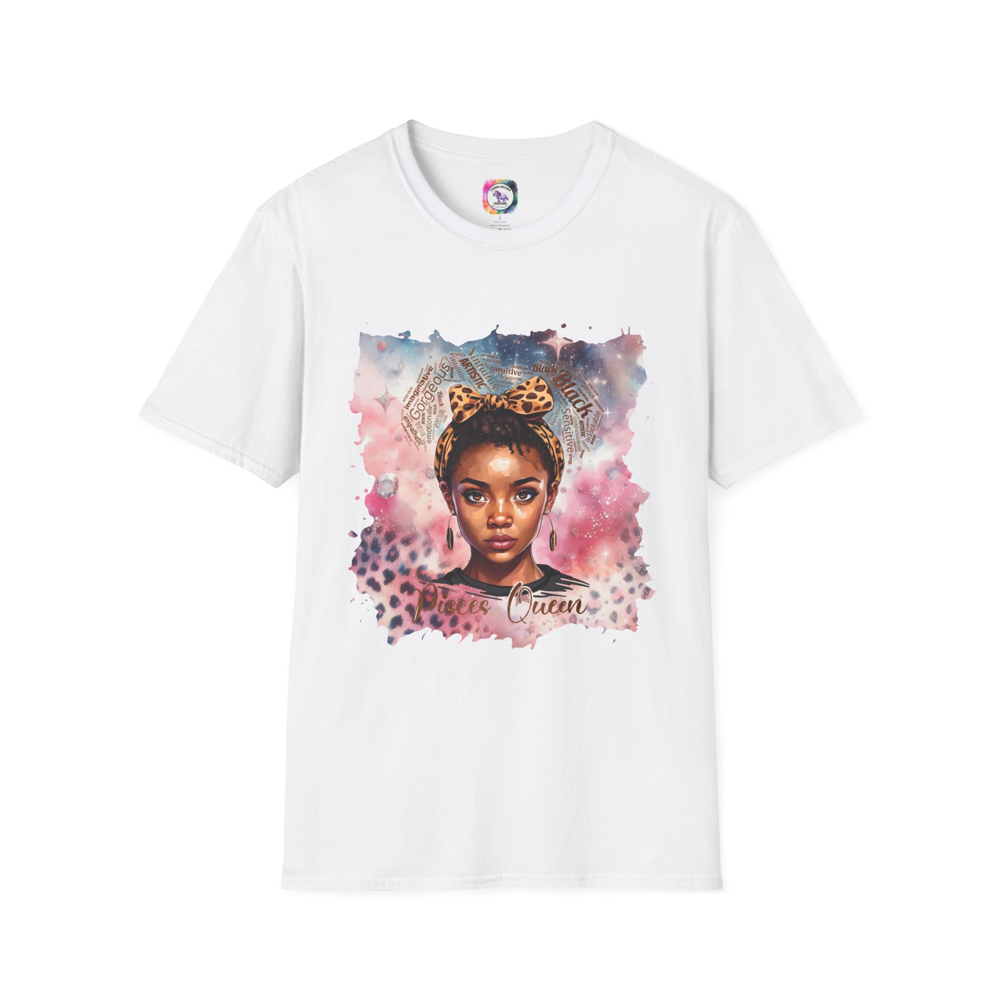 Pisces Queen Portrait T-Shirt — Leopard Headband Watercolor Glam Tee - Image 6