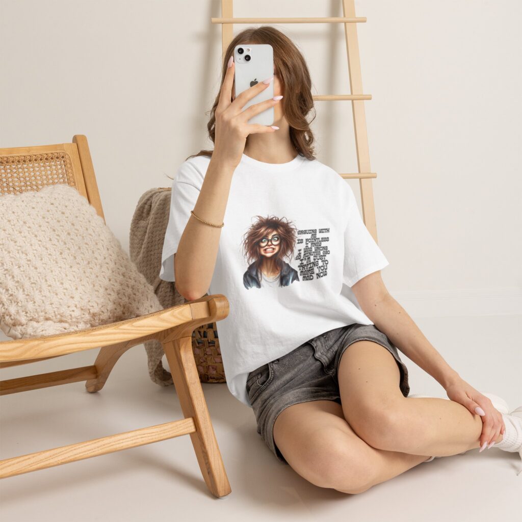 Crazy Hair Woman T‑Shirt — Funny Geeky Portrait with 'Funny' Quote