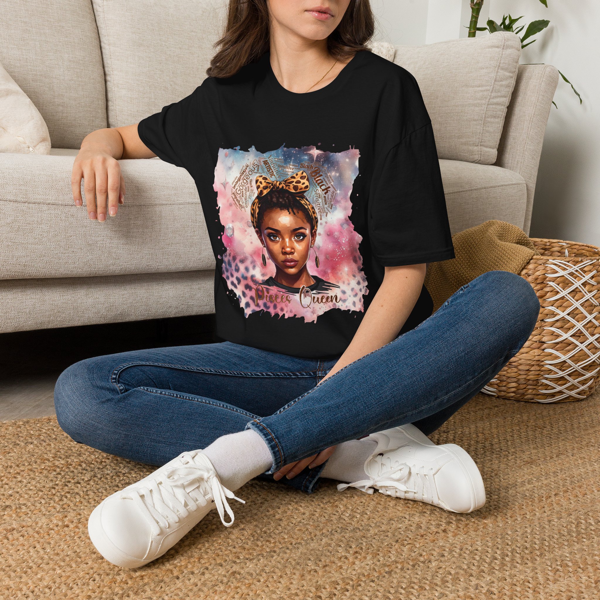 Pisces Queen Portrait T-Shirt — Leopard Headband Watercolor Glam Tee