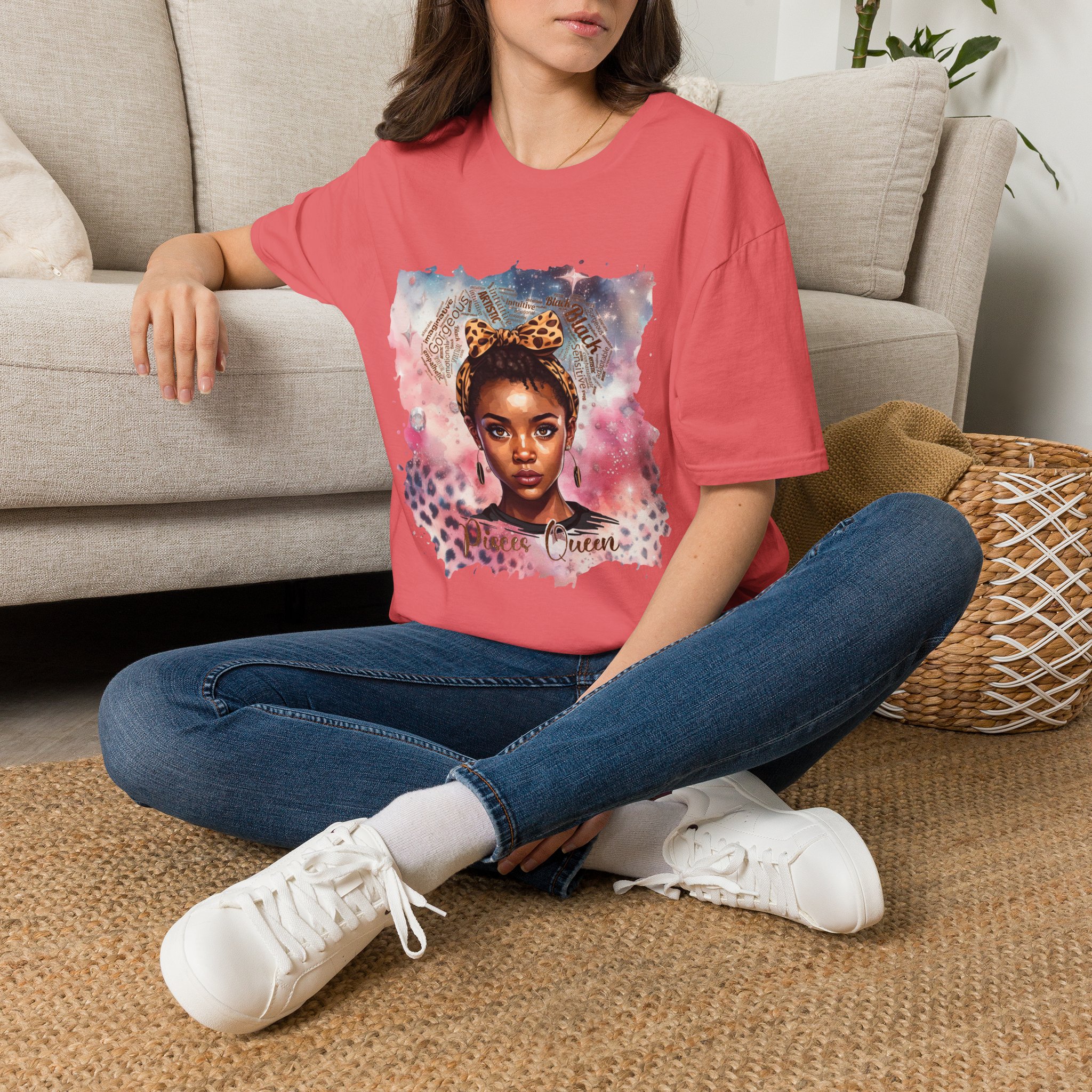 Pisces Queen Portrait T-Shirt — Leopard Headband Watercolor Glam Tee - Image 15