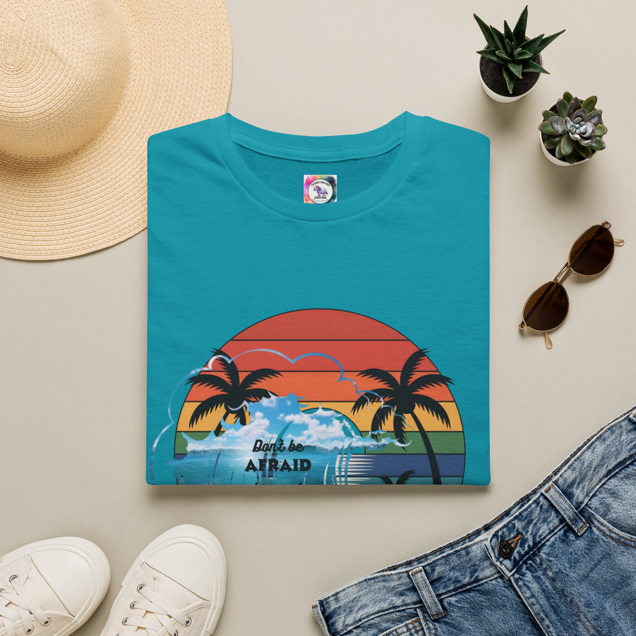 T-Shirt — Retro Sunset Palm Beach Tee with "Don't Be Afraid" Beach Quote - Image 33