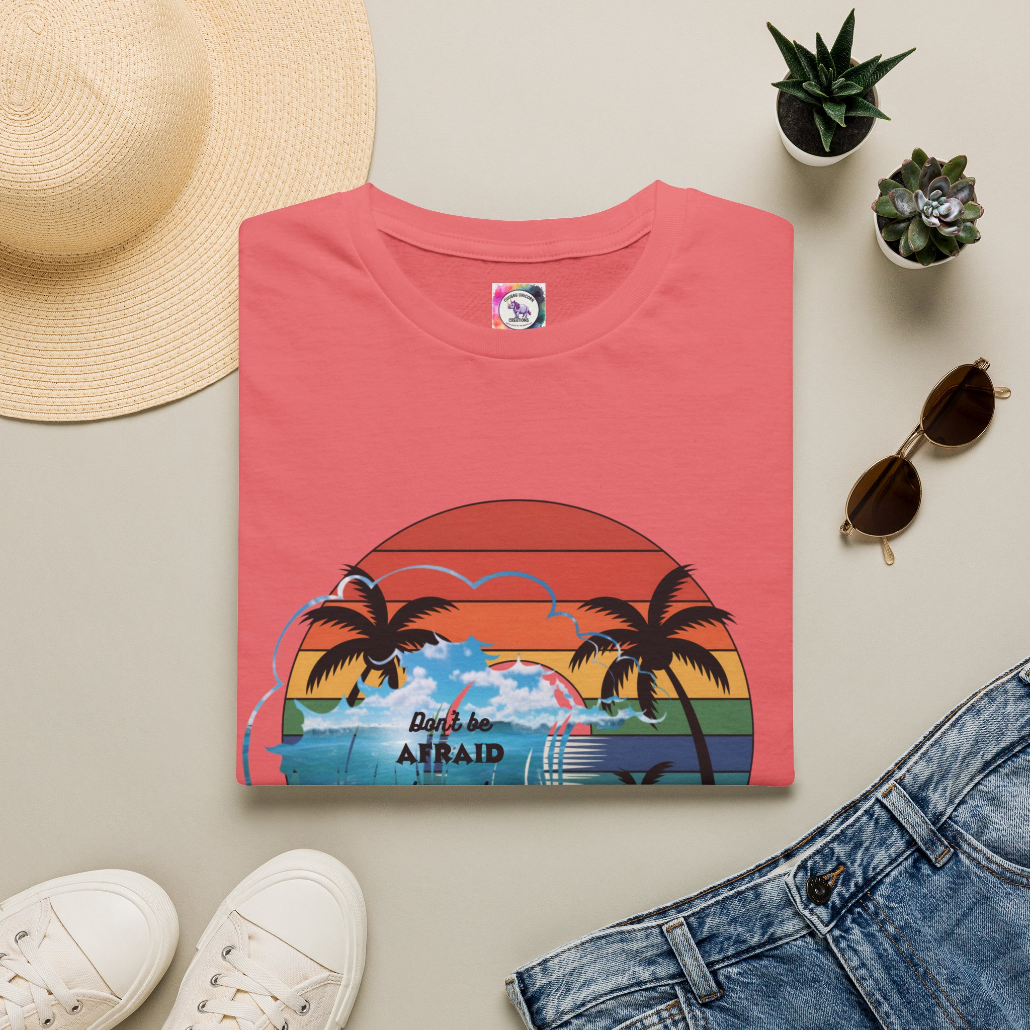 T-Shirt — Retro Sunset Palm Beach Tee with "Don't Be Afraid" Beach Quote - Image 5