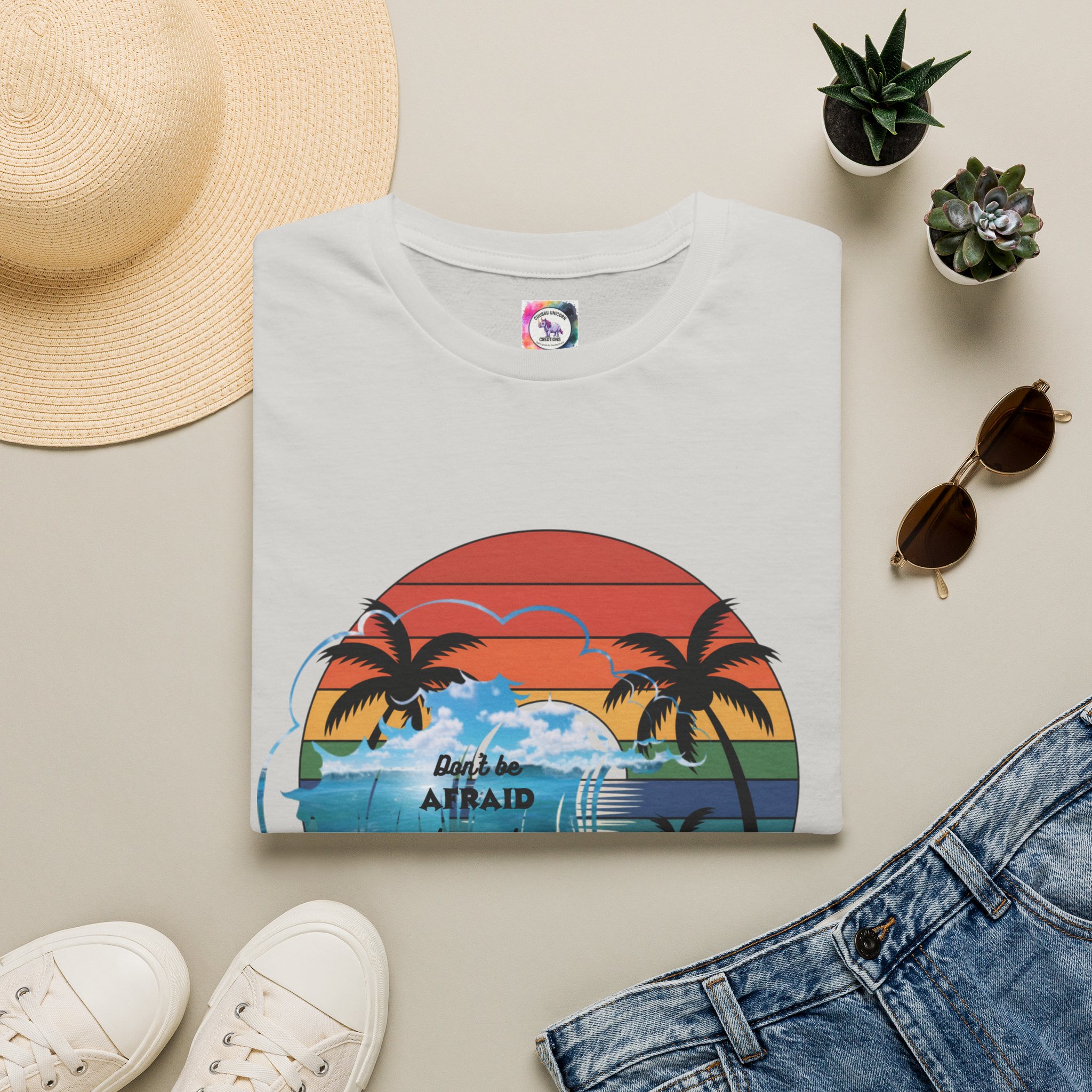 T-Shirt — Retro Sunset Palm Beach Tee with "Don't Be Afraid" Beach Quote - Image 17