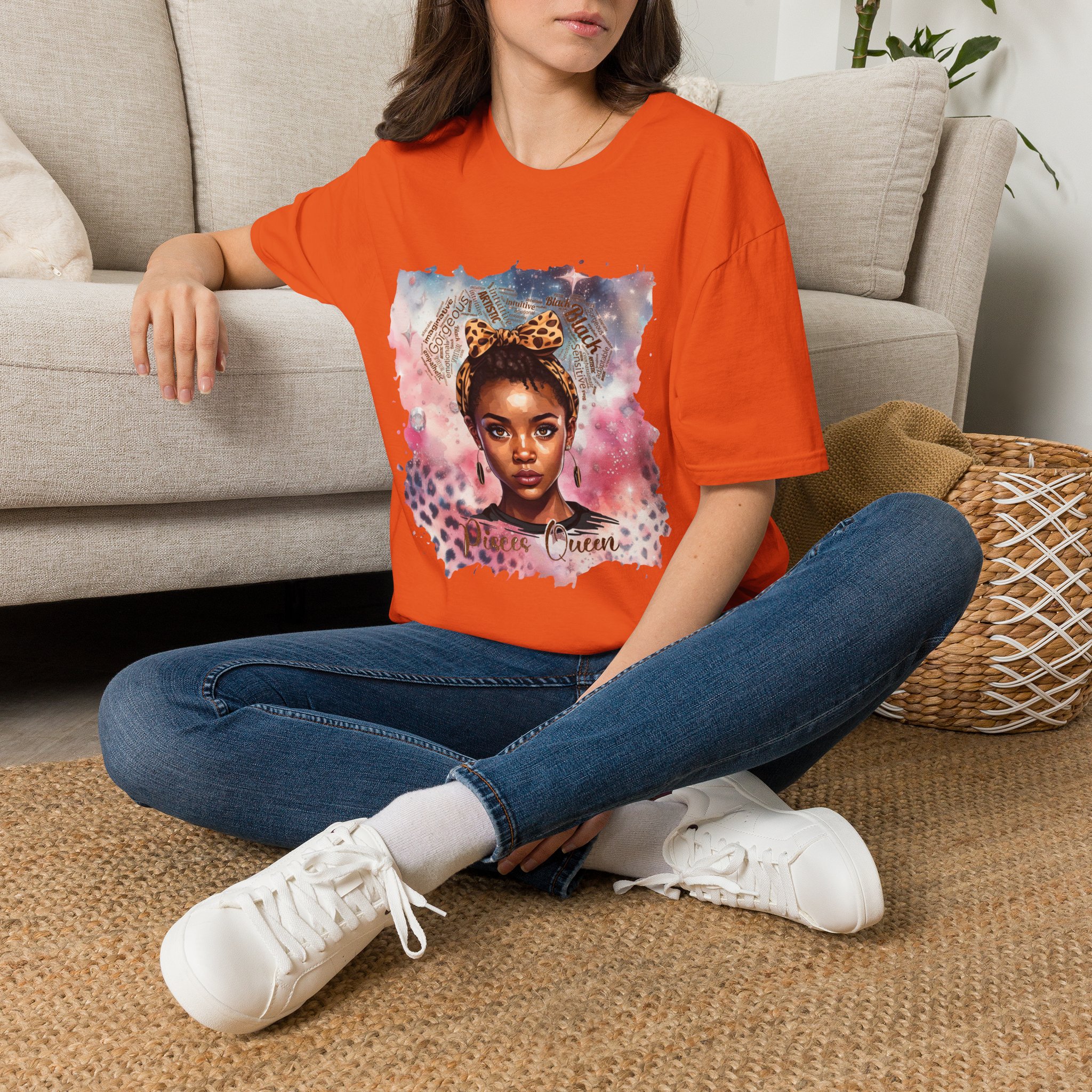 Pisces Queen Portrait T-Shirt — Leopard Headband Watercolor Glam Tee - Image 35
