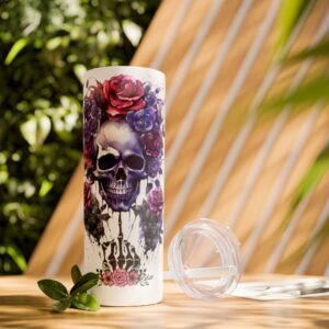 Floral Skull Skinny Tumbler with Straw, 20oz - Perfect for Gifting, Halloween, Home Decor, Travel Mug, and Party Accessory