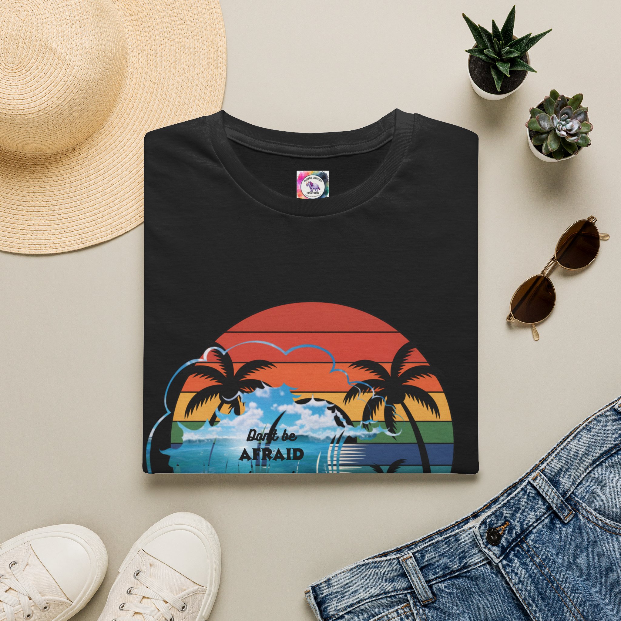T-Shirt — Retro Sunset Palm Beach Tee with "Don't Be Afraid" Beach Quote - Image 9