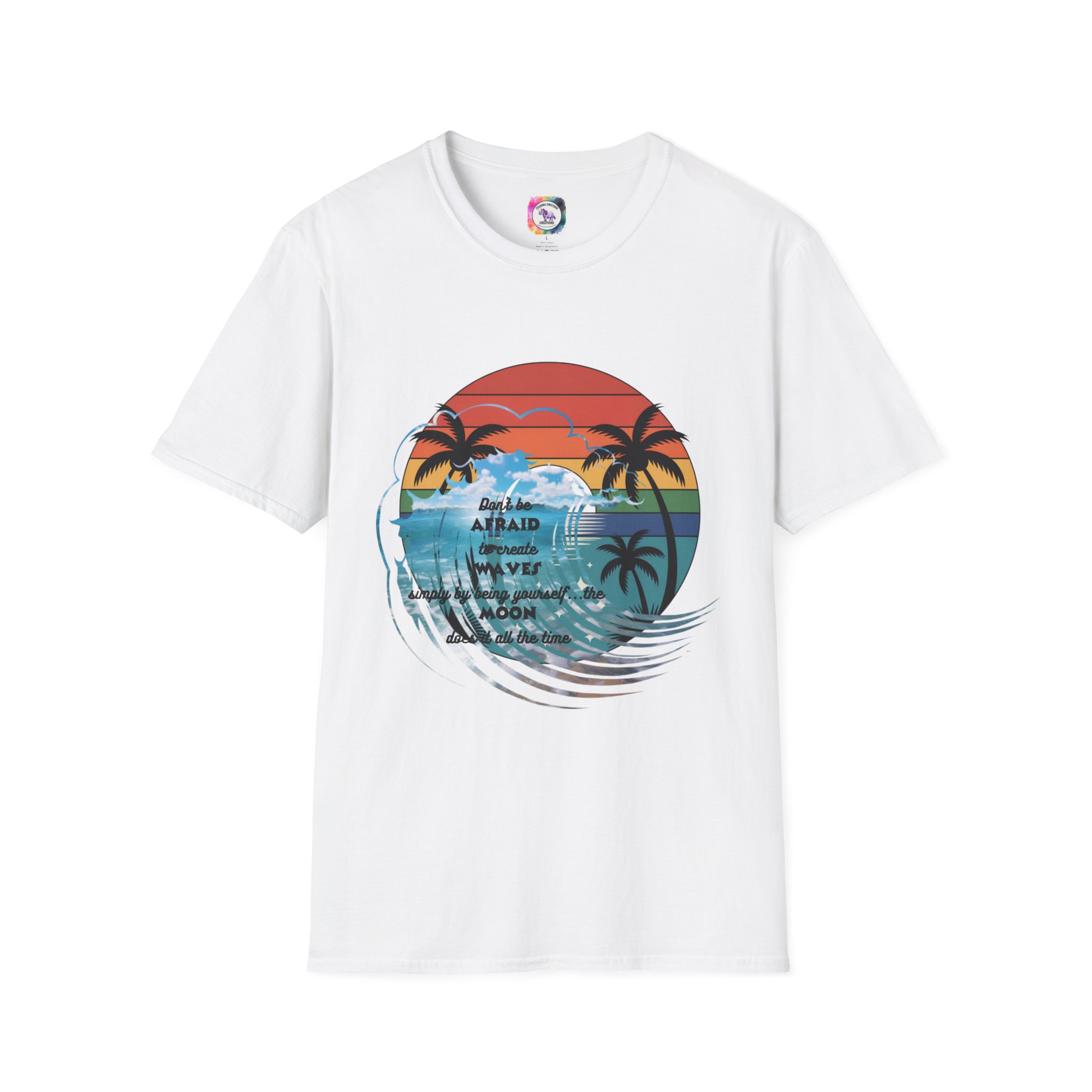 T-Shirt — Retro Sunset Palm Beach Tee with "Don't Be Afraid" Beach Quote - Image 3