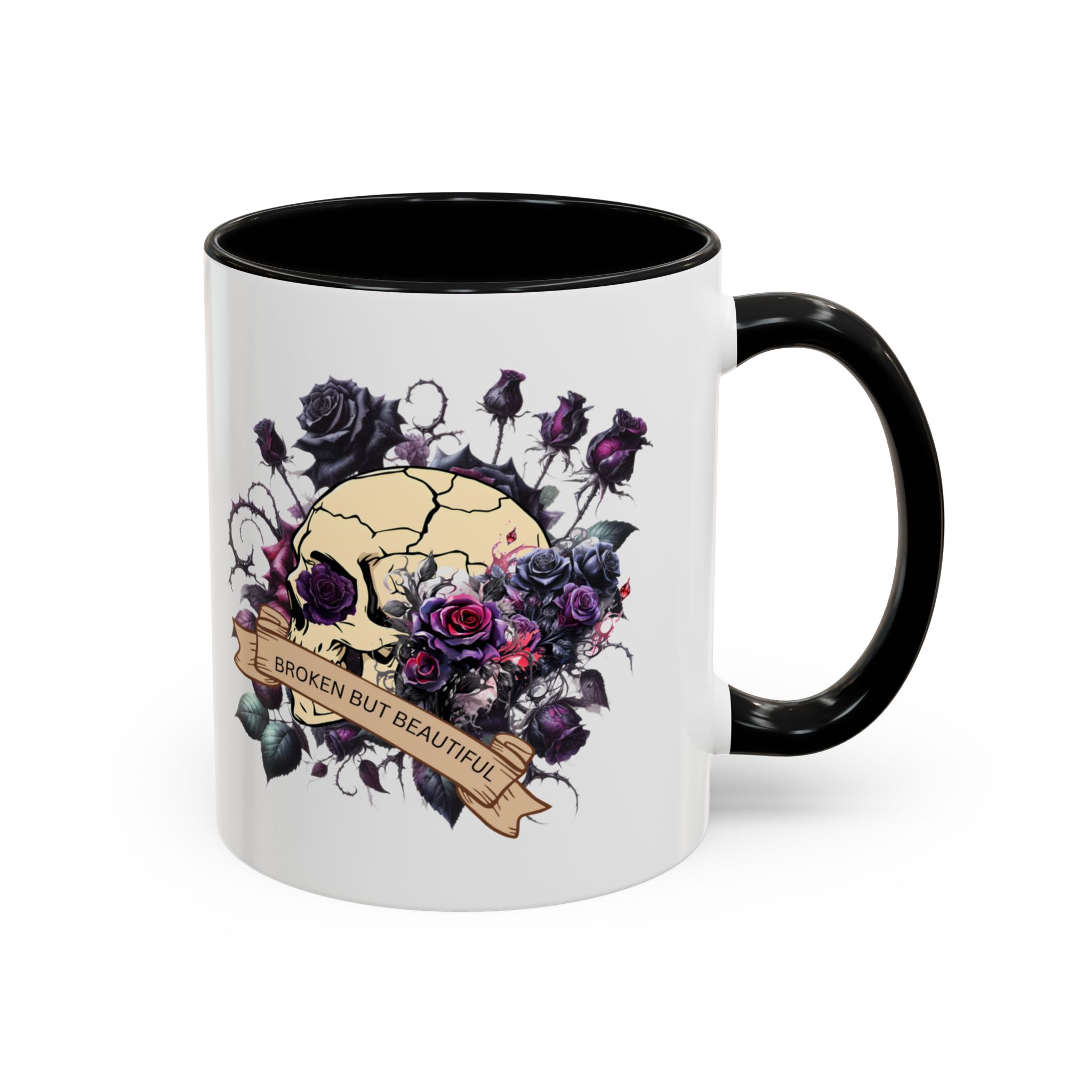 Broken But Beautiful Floral Coffee Mug - Gothic Gift for Tea Lovers, Unique Home Decor, Floral Skull Design, Ceramic Tea Cup, Gothic Mug