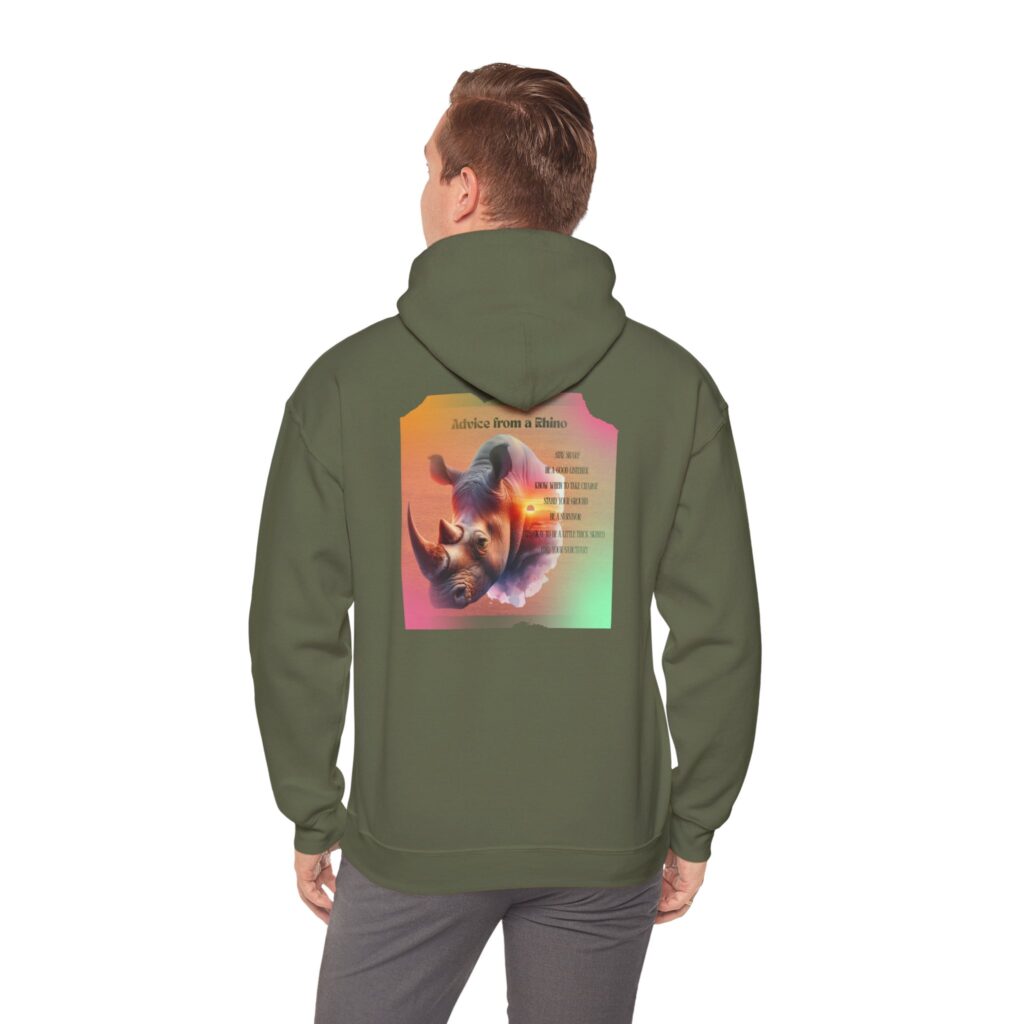 Rhino Poetry Hoodie — Vintage Rainbow Rhino Back Print Sweatshirt