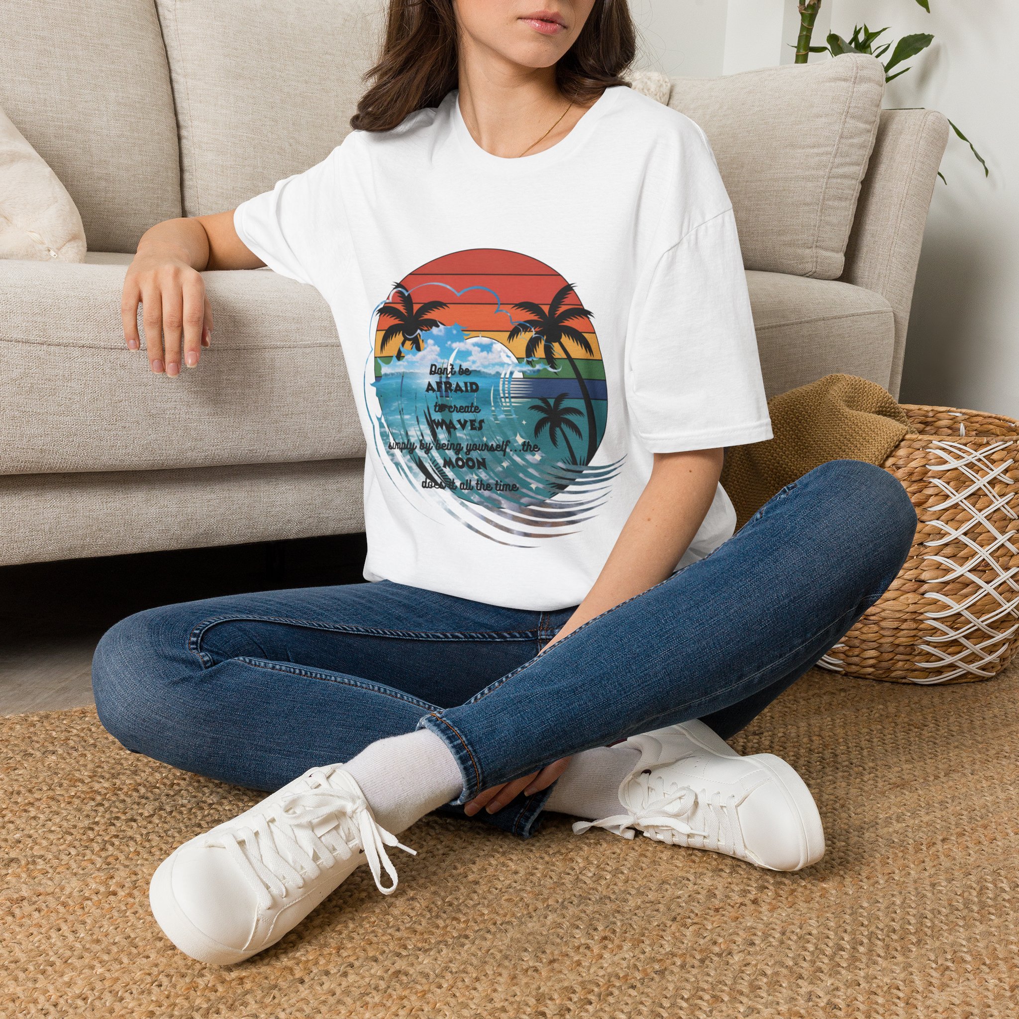 T-Shirt — Retro Sunset Palm Beach Tee with "Don't Be Afraid" Beach Quote