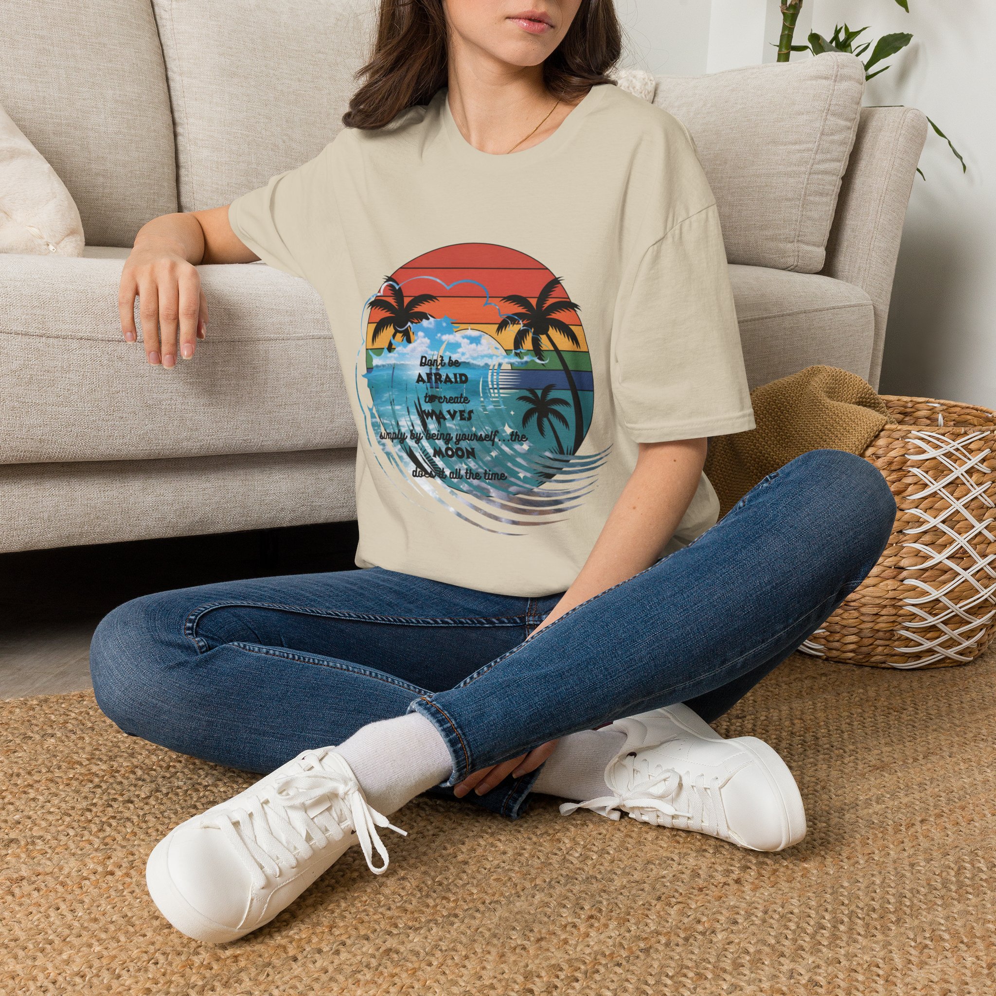 T-Shirt — Retro Sunset Palm Beach Tee with "Don't Be Afraid" Beach Quote - Image 14