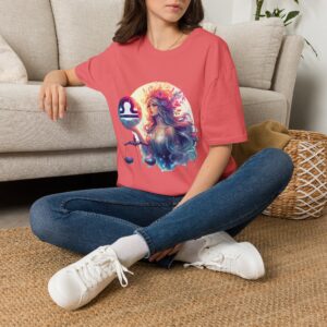 Libra Zodiac T-Shirt — Artistic Libra Woman Scales Graphic Tee ("I am a Libra woman… My heart on my sleeve")