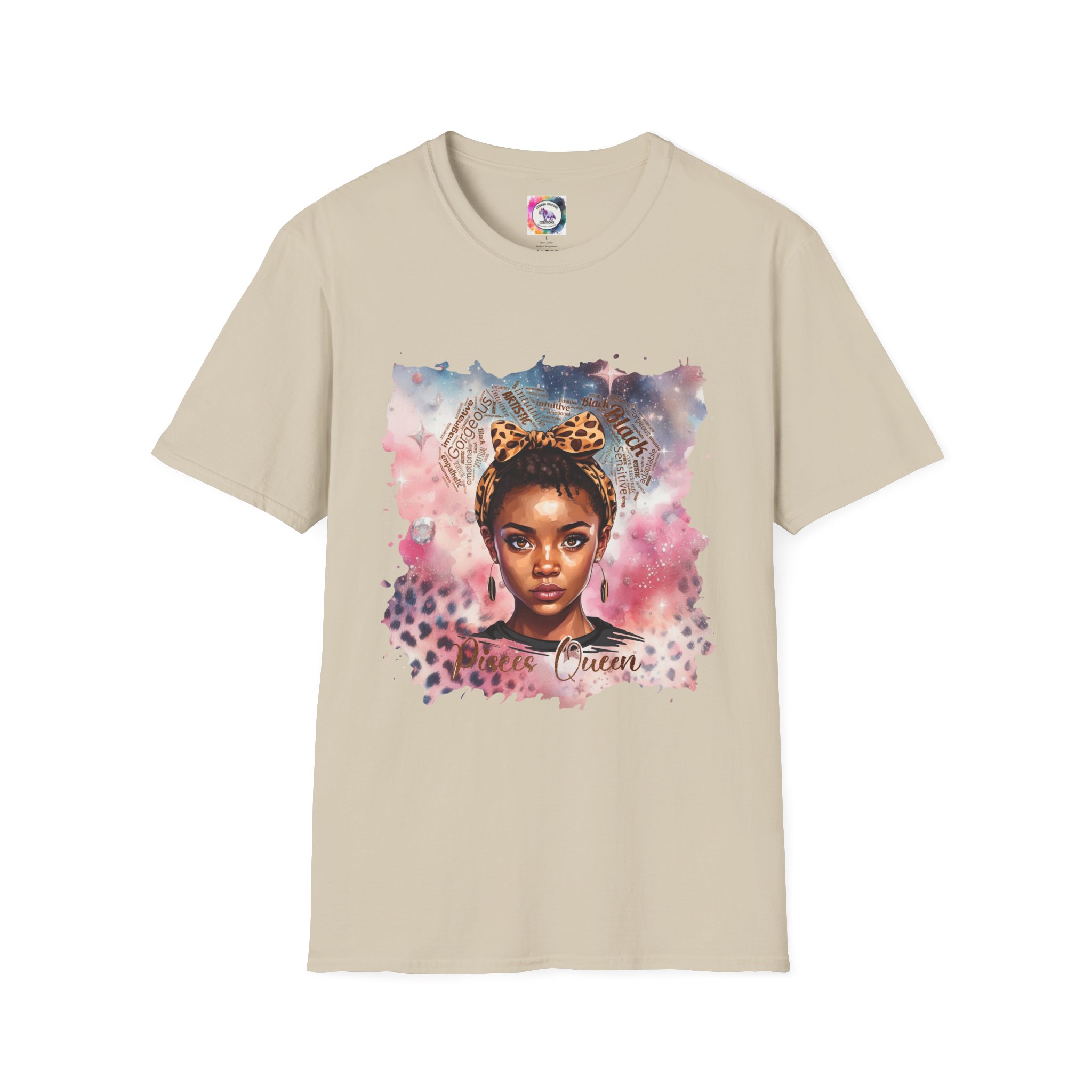 Pisces Queen Portrait T-Shirt — Leopard Headband Watercolor Glam Tee - Image 16