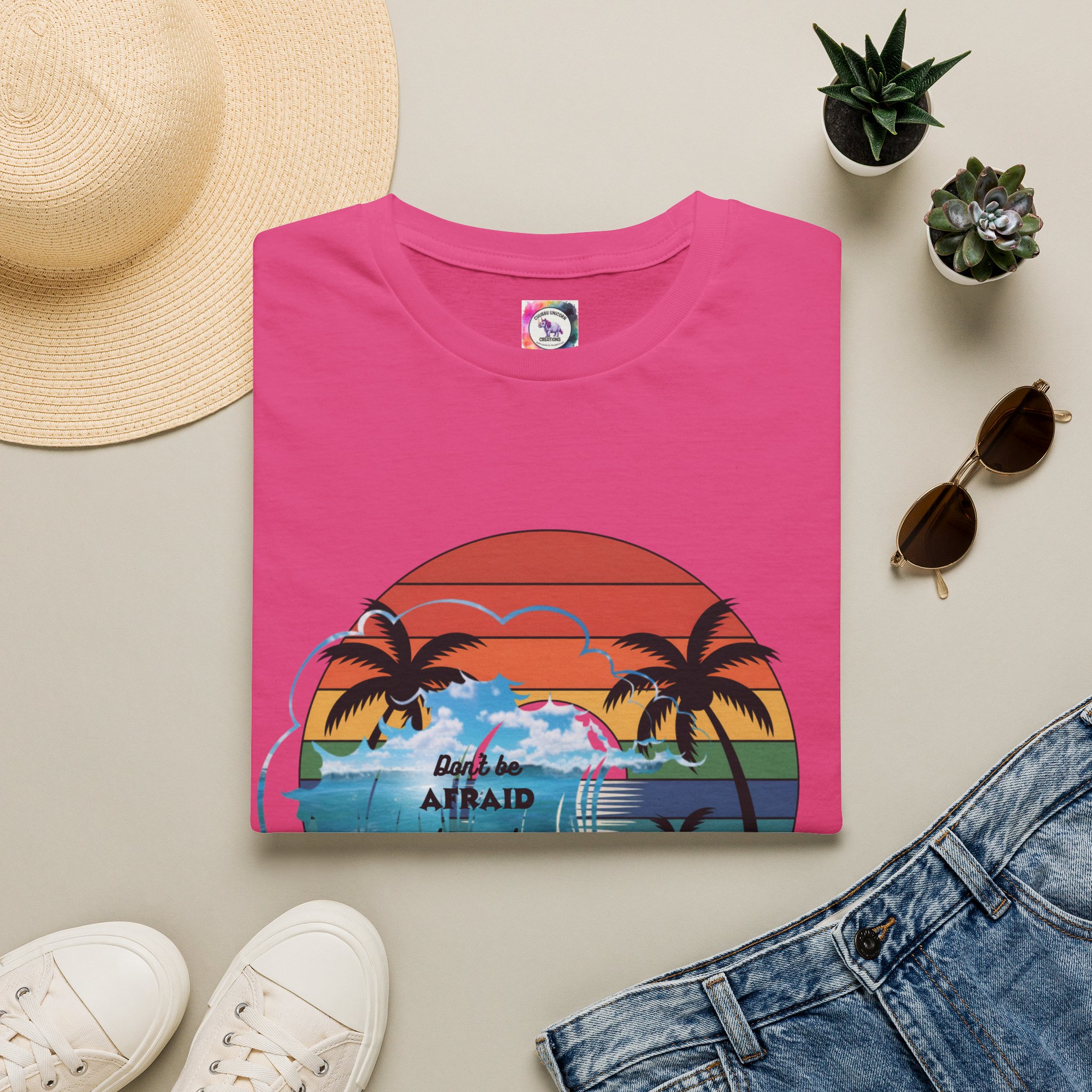 T-Shirt — Retro Sunset Palm Beach Tee with "Don't Be Afraid" Beach Quote - Image 45
