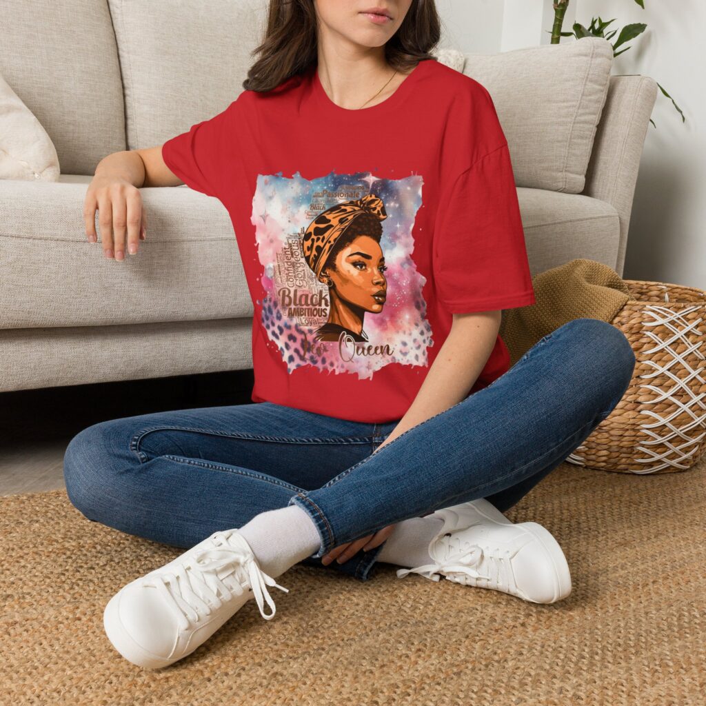Black Leo Queen Portrait T‑Shirt — African American Art Tee with Headwrap & Leopard Accents