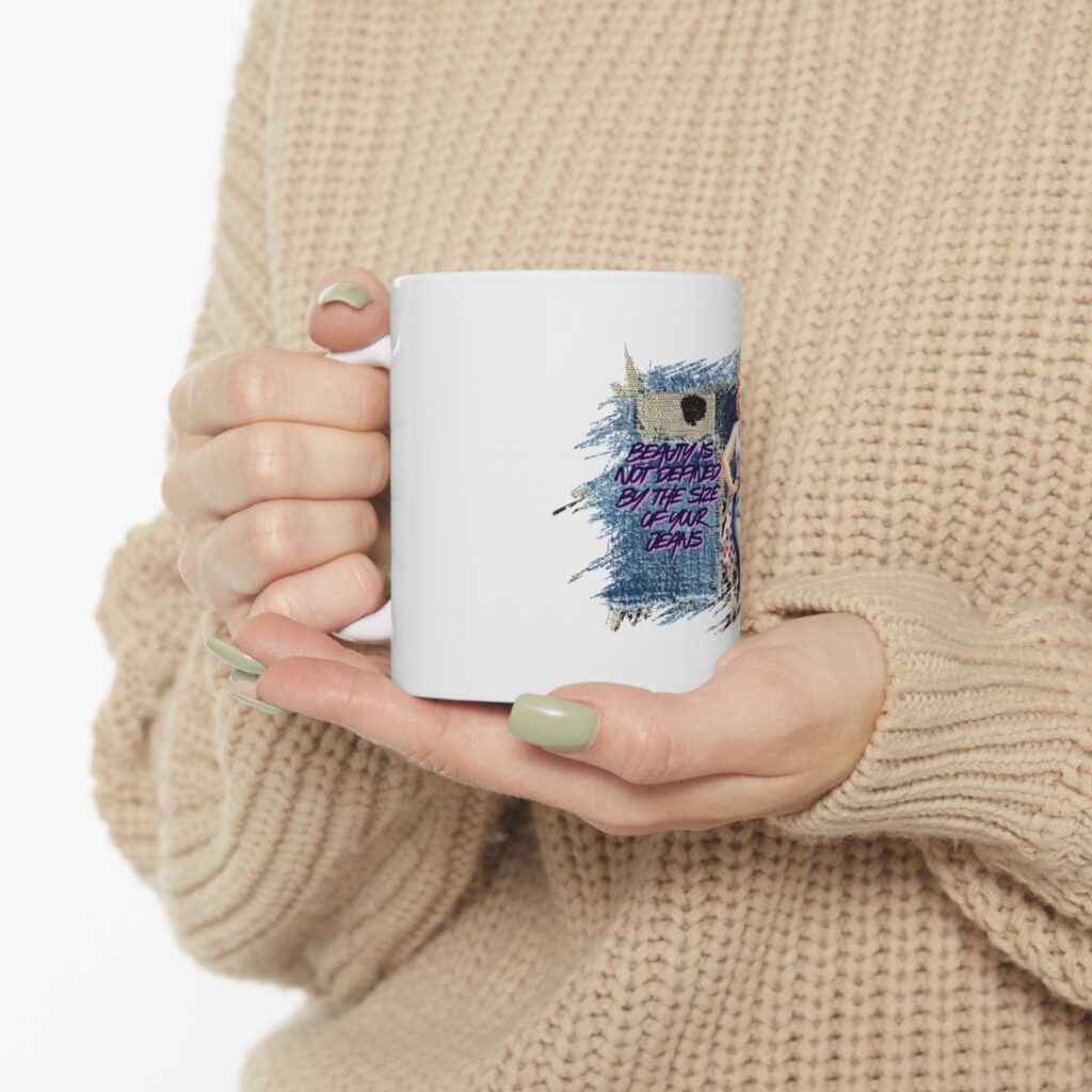 Pin-Up Denim Doll Ceramic Mug — "Beauty is Not Defined by the Size of Your Jeans"