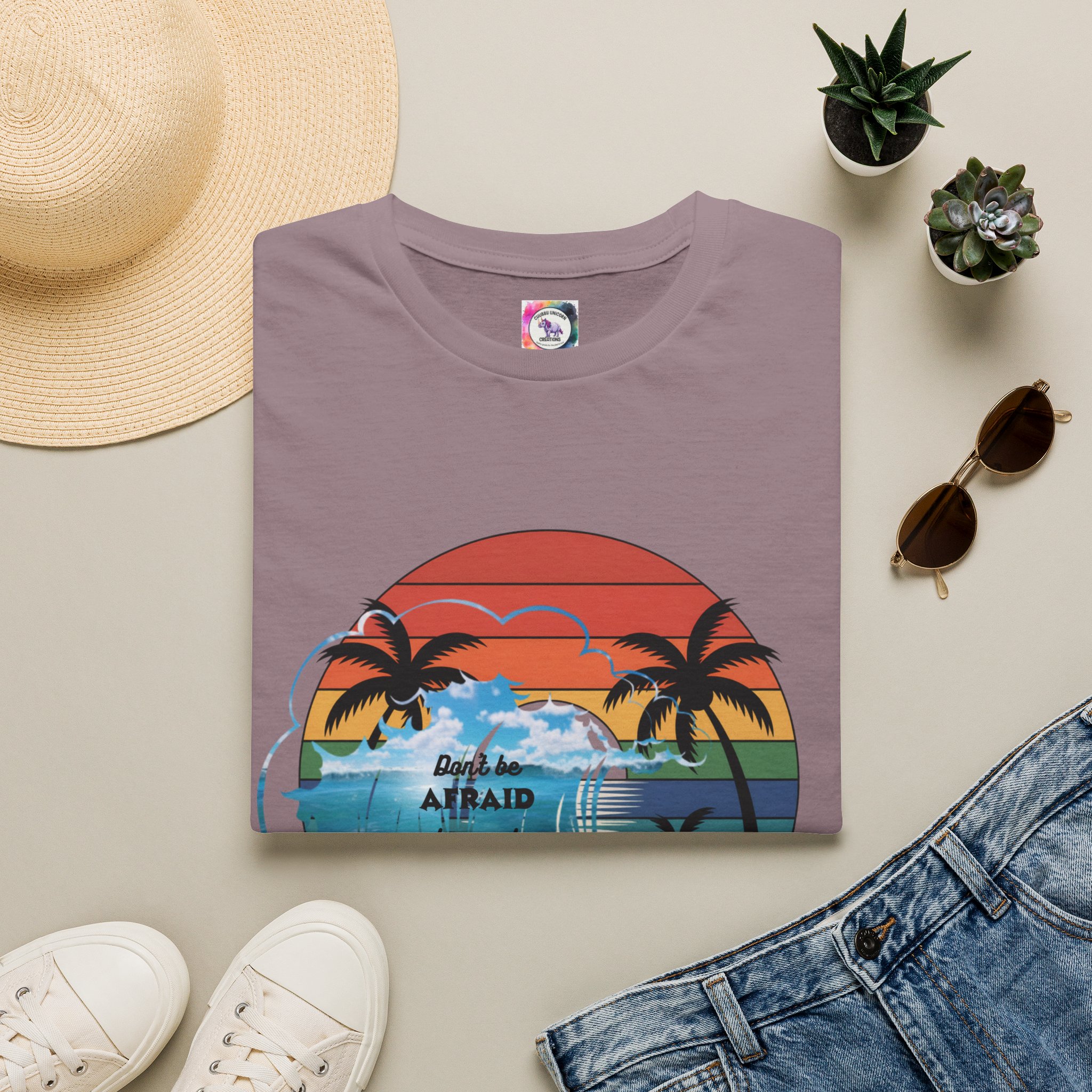 T-Shirt — Retro Sunset Palm Beach Tee with "Don't Be Afraid" Beach Quote - Image 41