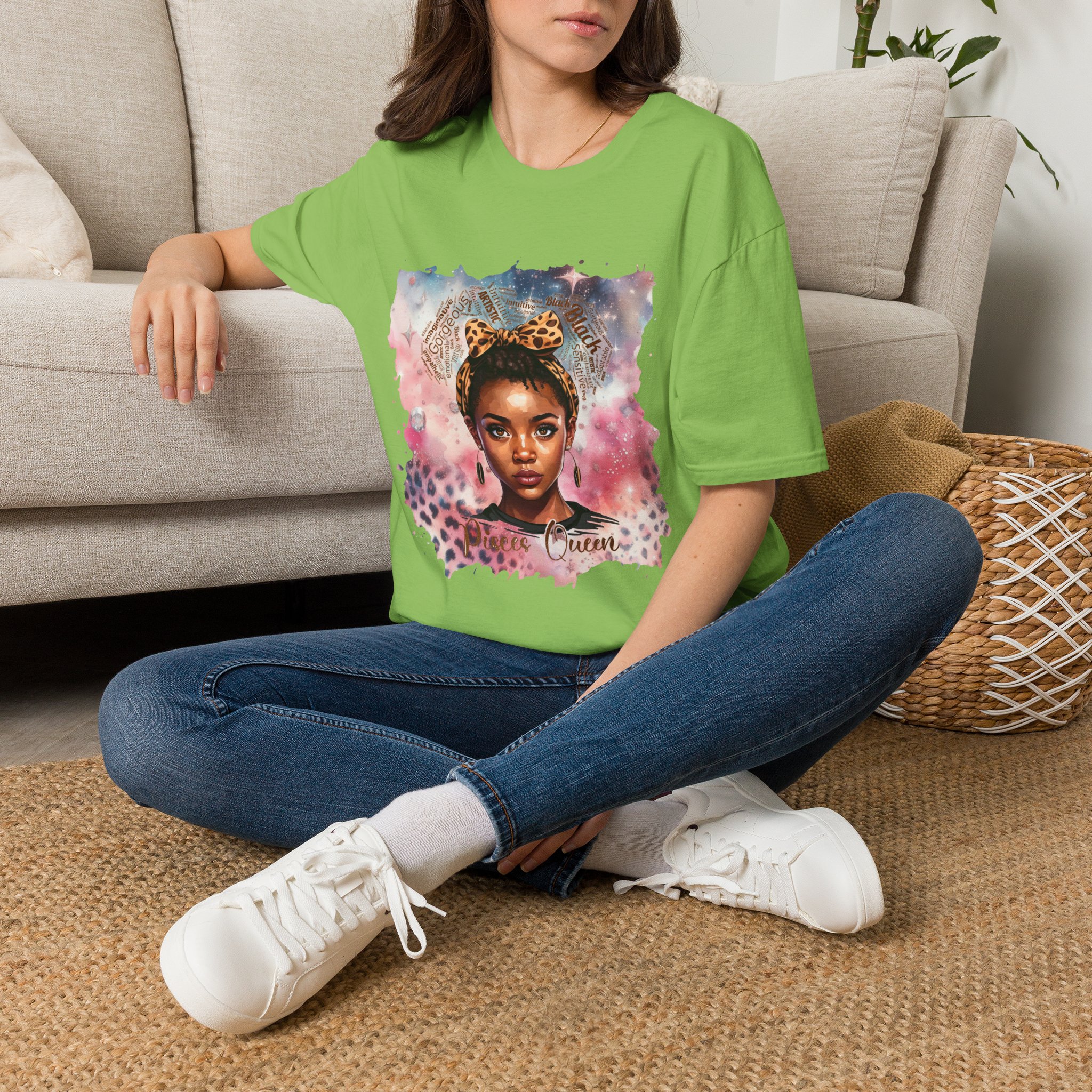 Pisces Queen Portrait T-Shirt — Leopard Headband Watercolor Glam Tee - Image 40