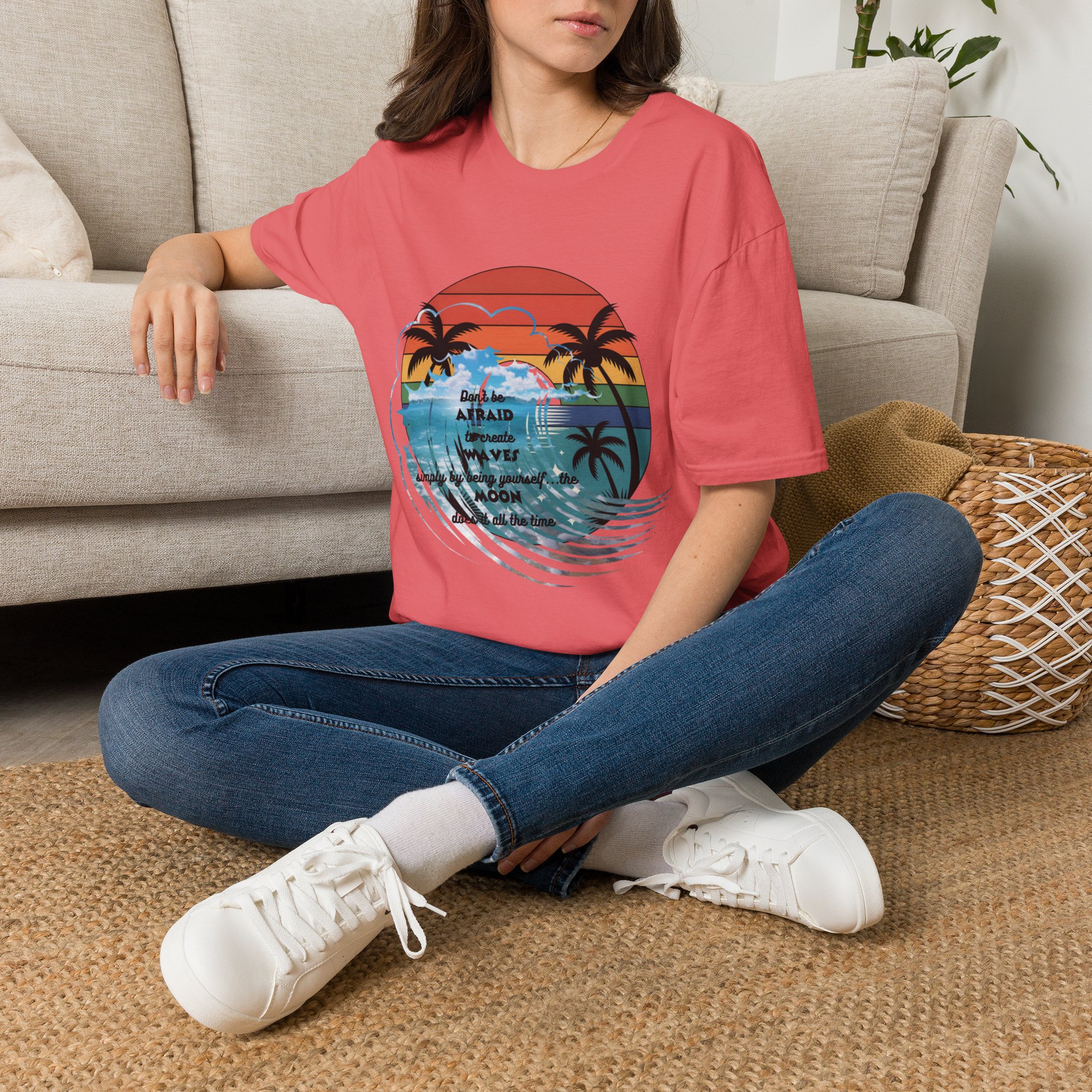 T-Shirt — Retro Sunset Palm Beach Tee with "Don't Be Afraid" Beach Quote - Image 6