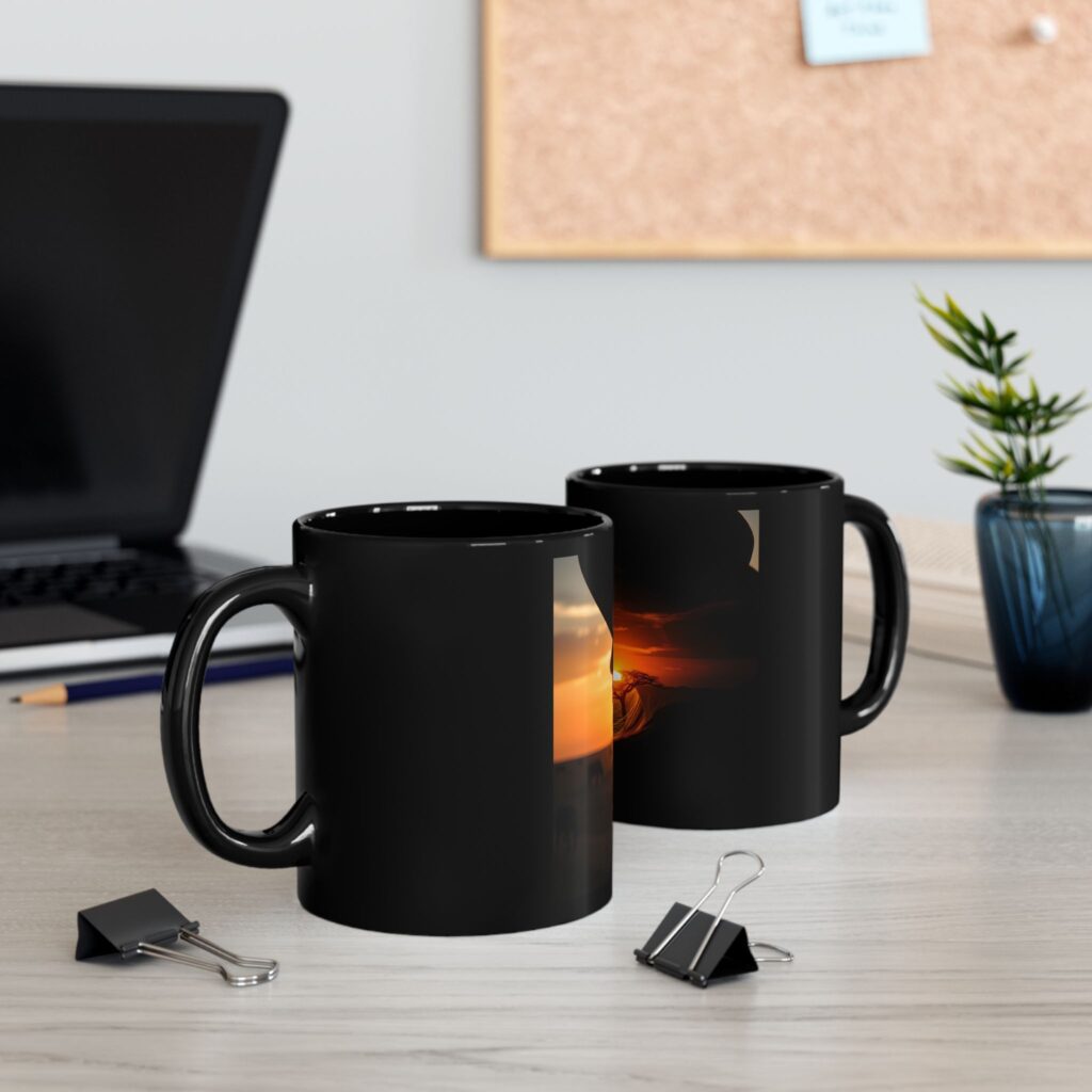 African Sunset Mug — Black Ceramic Coffee Cup with African savannah Silhouette