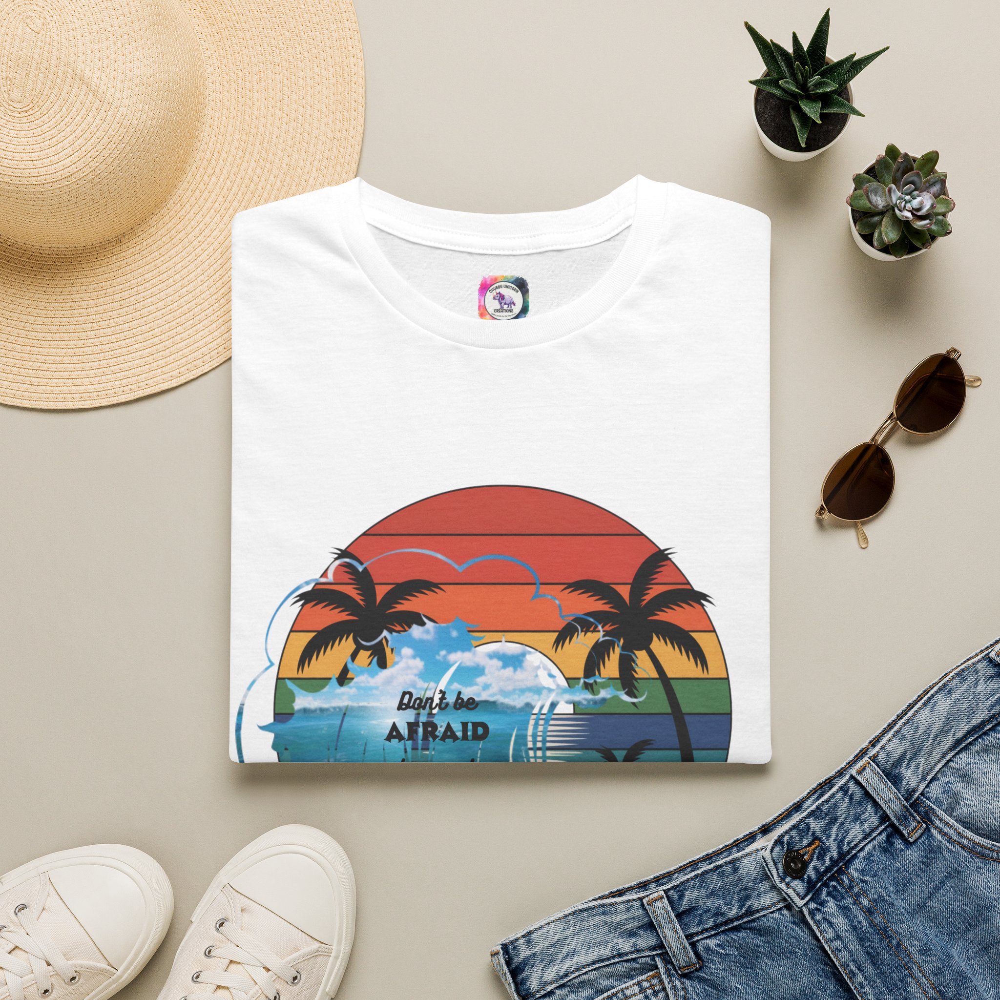 T-Shirt — Retro Sunset Palm Beach Tee with "Don't Be Afraid" Beach Quote - Image 2