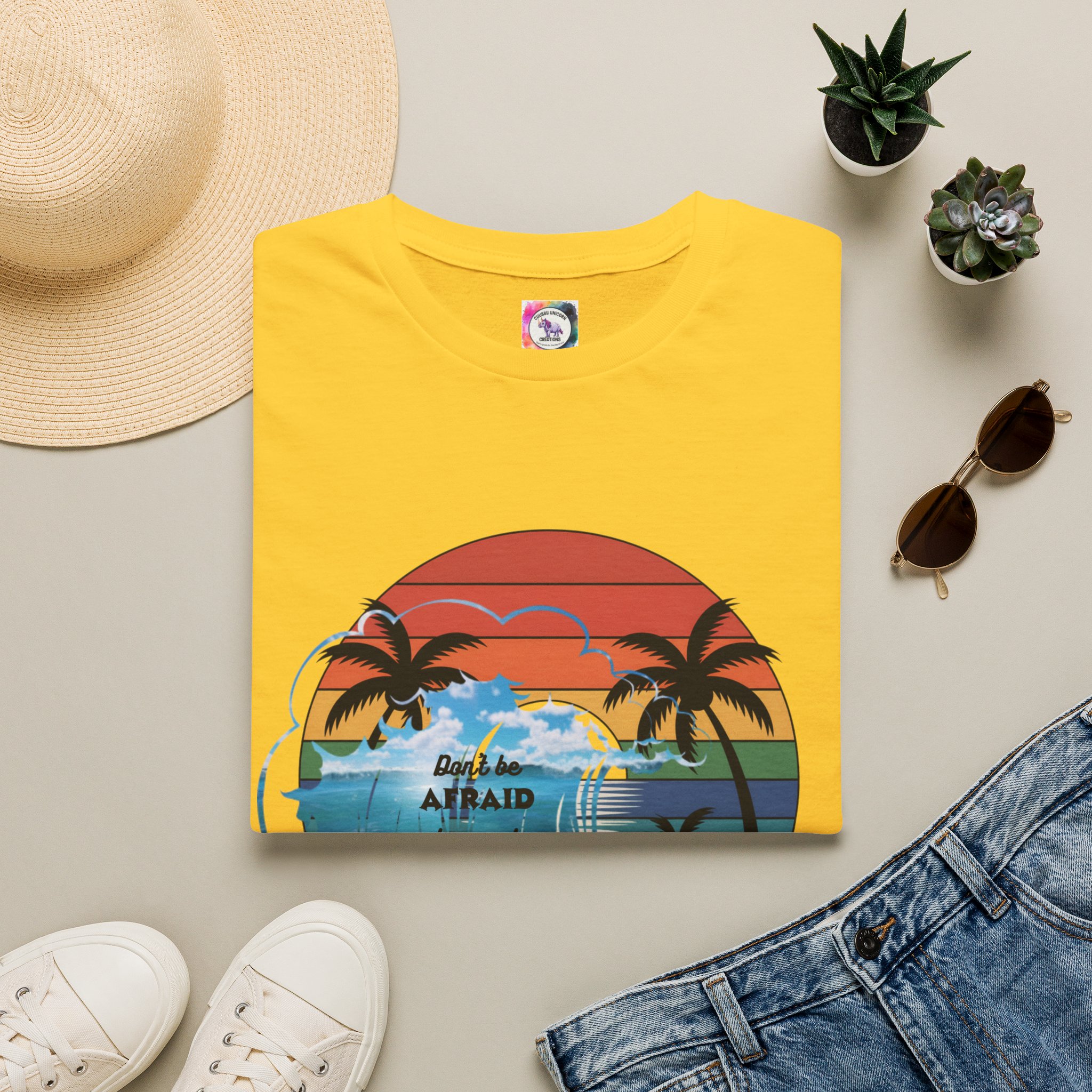 T-Shirt — Retro Sunset Palm Beach Tee with "Don't Be Afraid" Beach Quote - Image 25