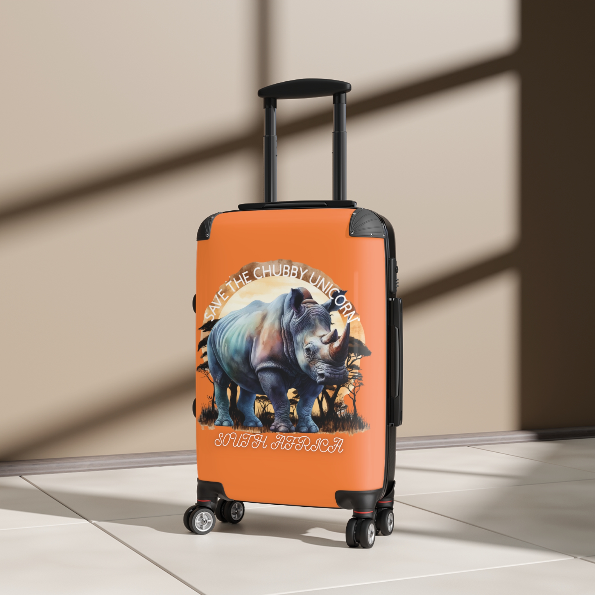 Rhino Art Suitcase, Travel Luggage for Animal Lovers, Cute Carry-On for Kids & Adults, Save the Chubby Unicorn, Eco-Friendly Travel Gear