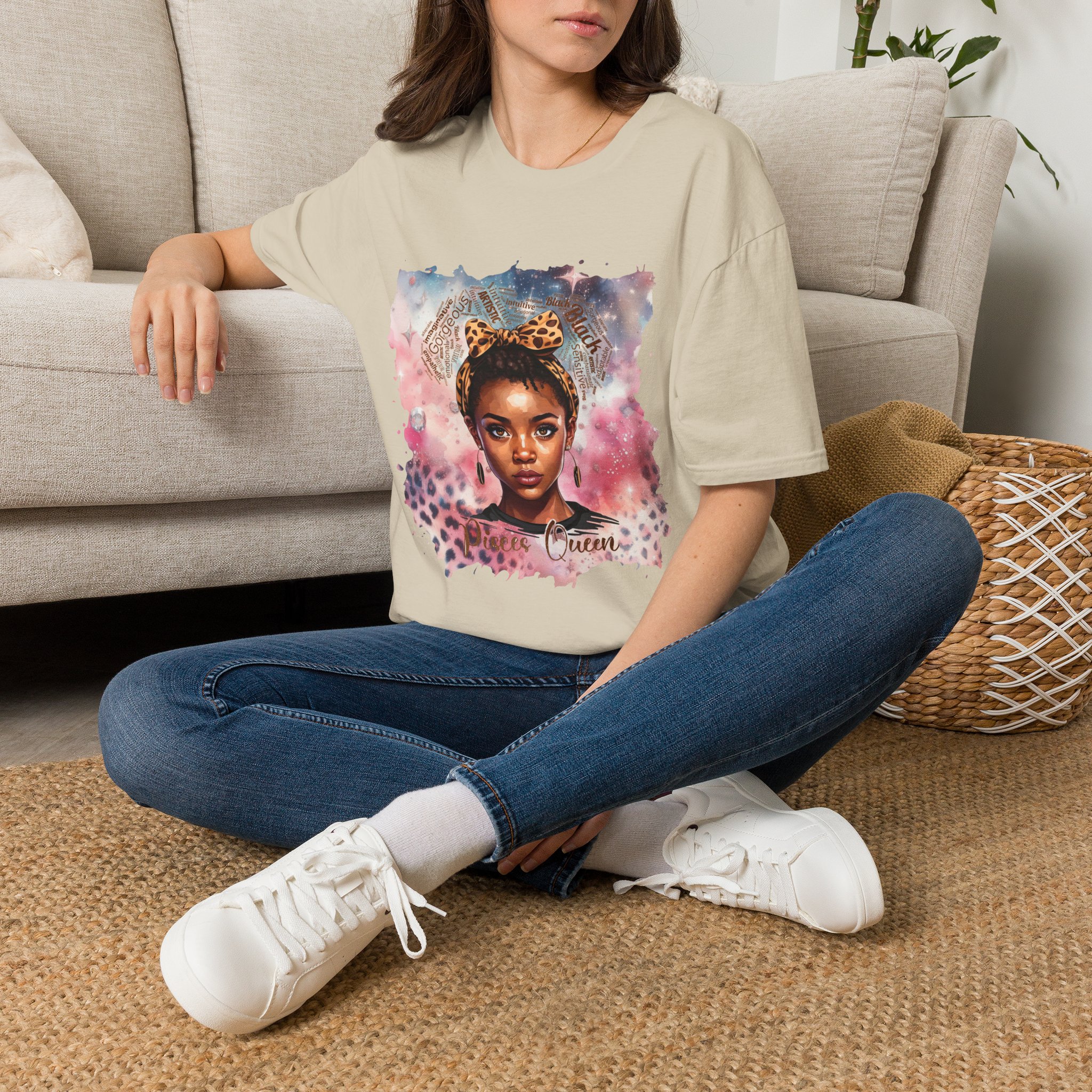 Pisces Queen Portrait T-Shirt — Leopard Headband Watercolor Glam Tee - Image 20