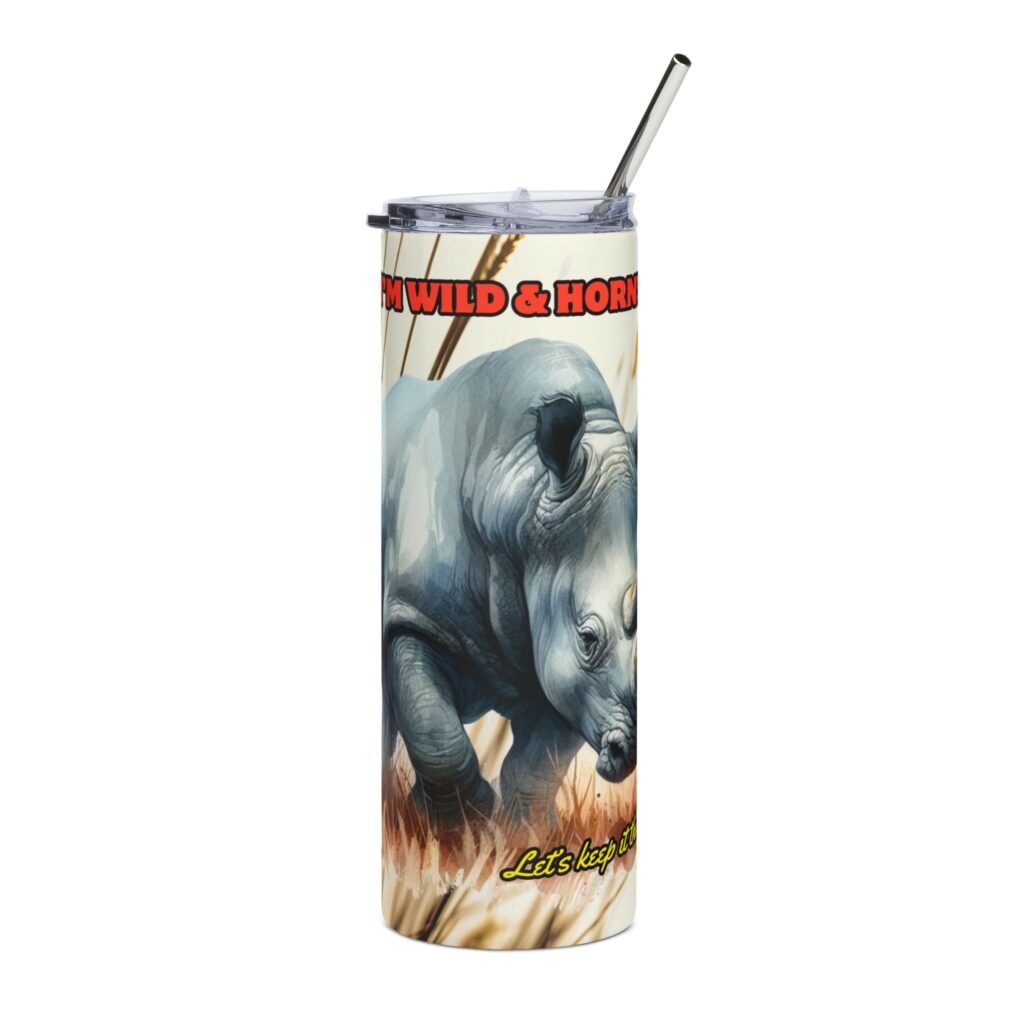Wild & Free Rhino Tumbler, 20oz Skinny Travel Cup, Nature Lover Gift, Outdoor Adventure Drinkware, Cute Animal Cup, Wildlife Enthusiast Mug