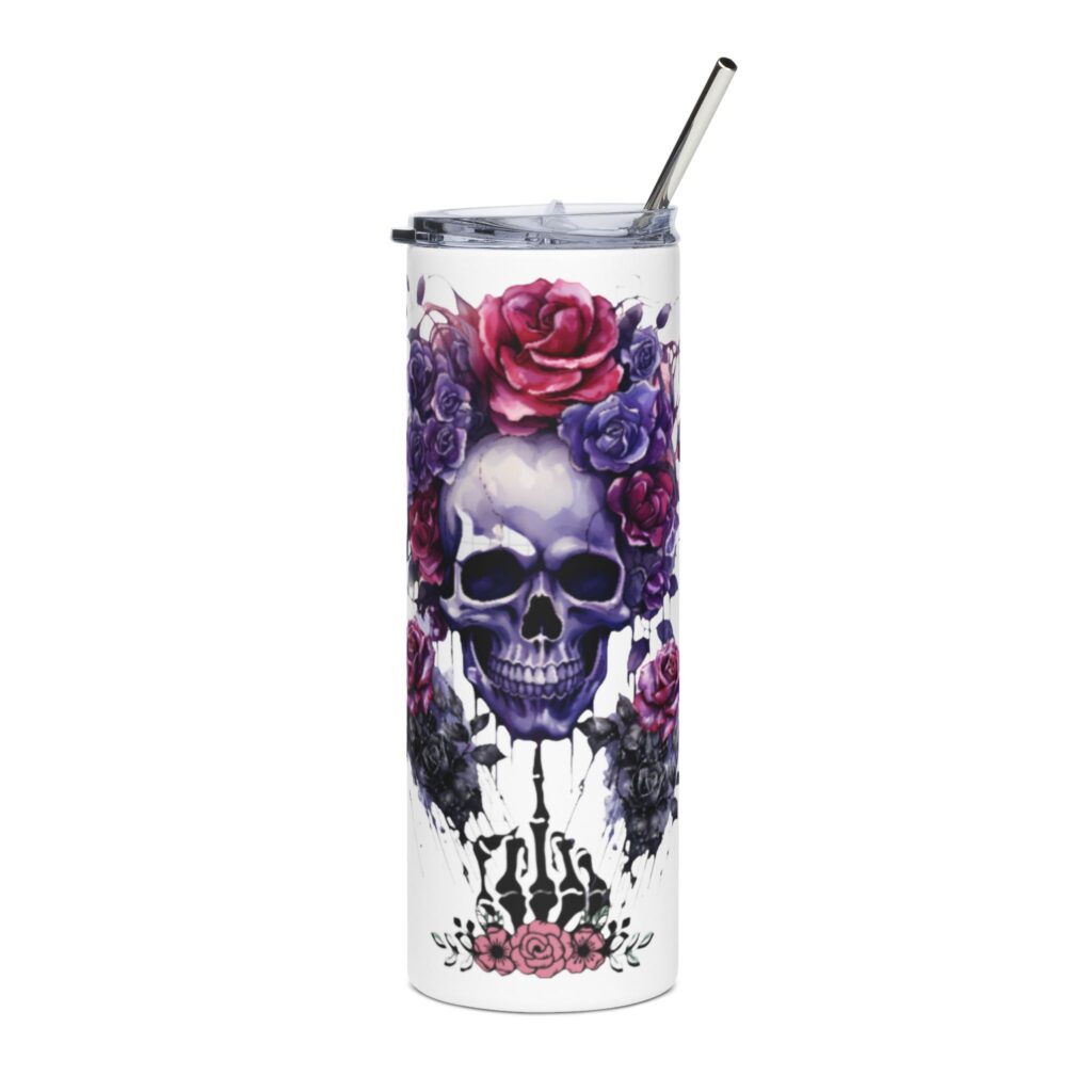 Floral Skull Skinny Tumbler with Straw, 20oz - Perfect for Gifting, Halloween, Home Decor, Travel Mug, and Party Accessory