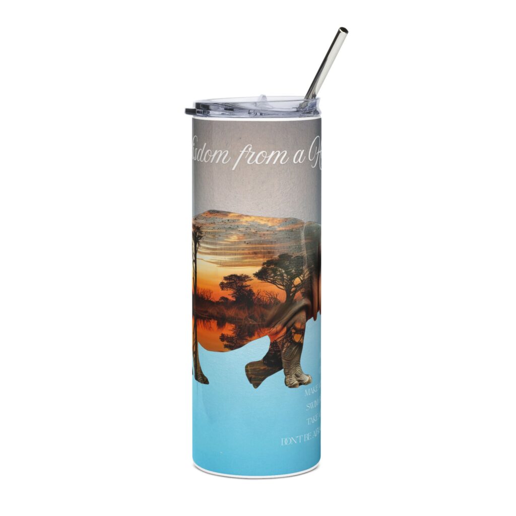 Sunset Hippo Skinny Tumbler, 20oz - Inspirational Drinkware, Eco-Friendly Travel Mug, Gift for Nature Lovers, Quote on Design