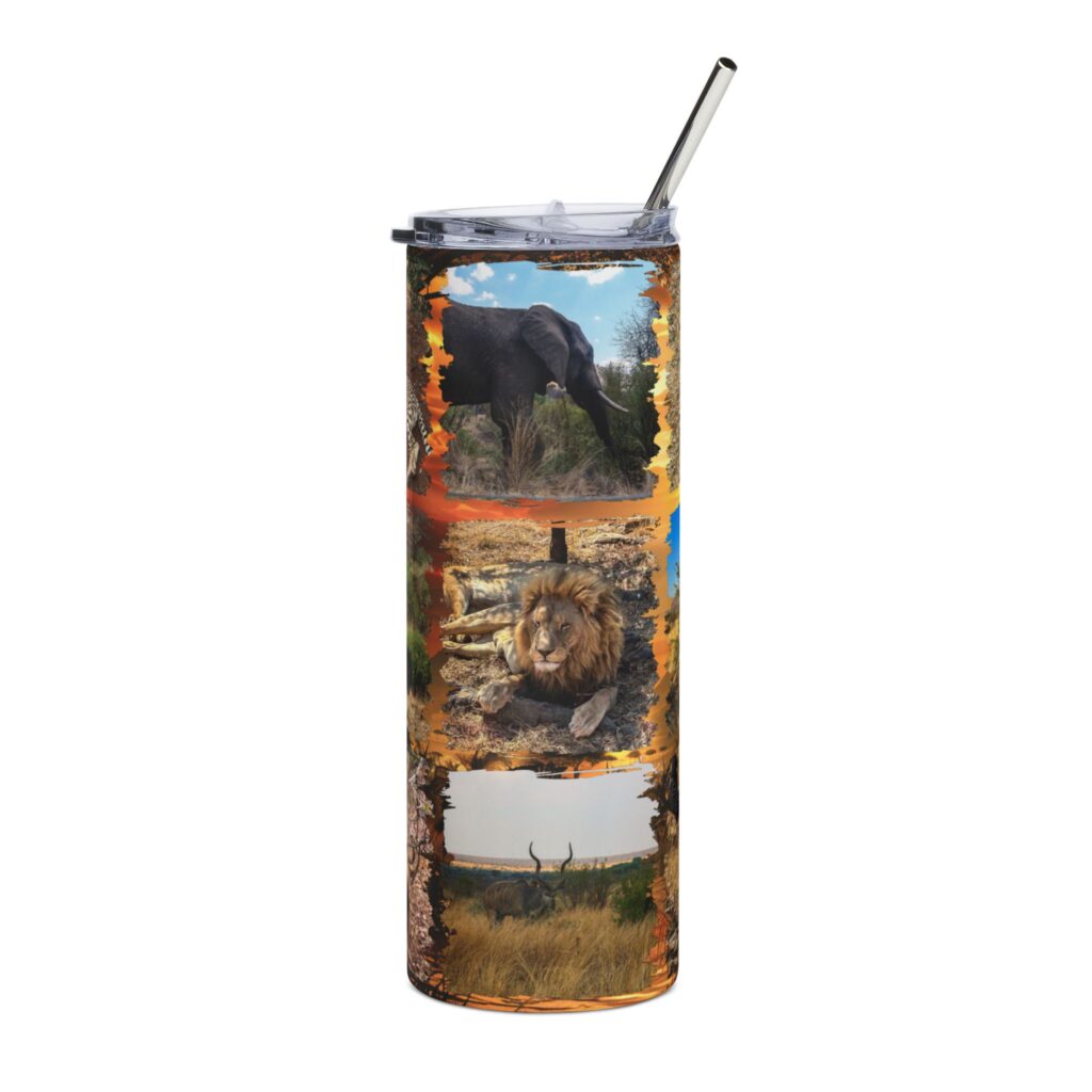 20oz Skinny Tumbler — Safari Wildlife Photo Collage with Straw